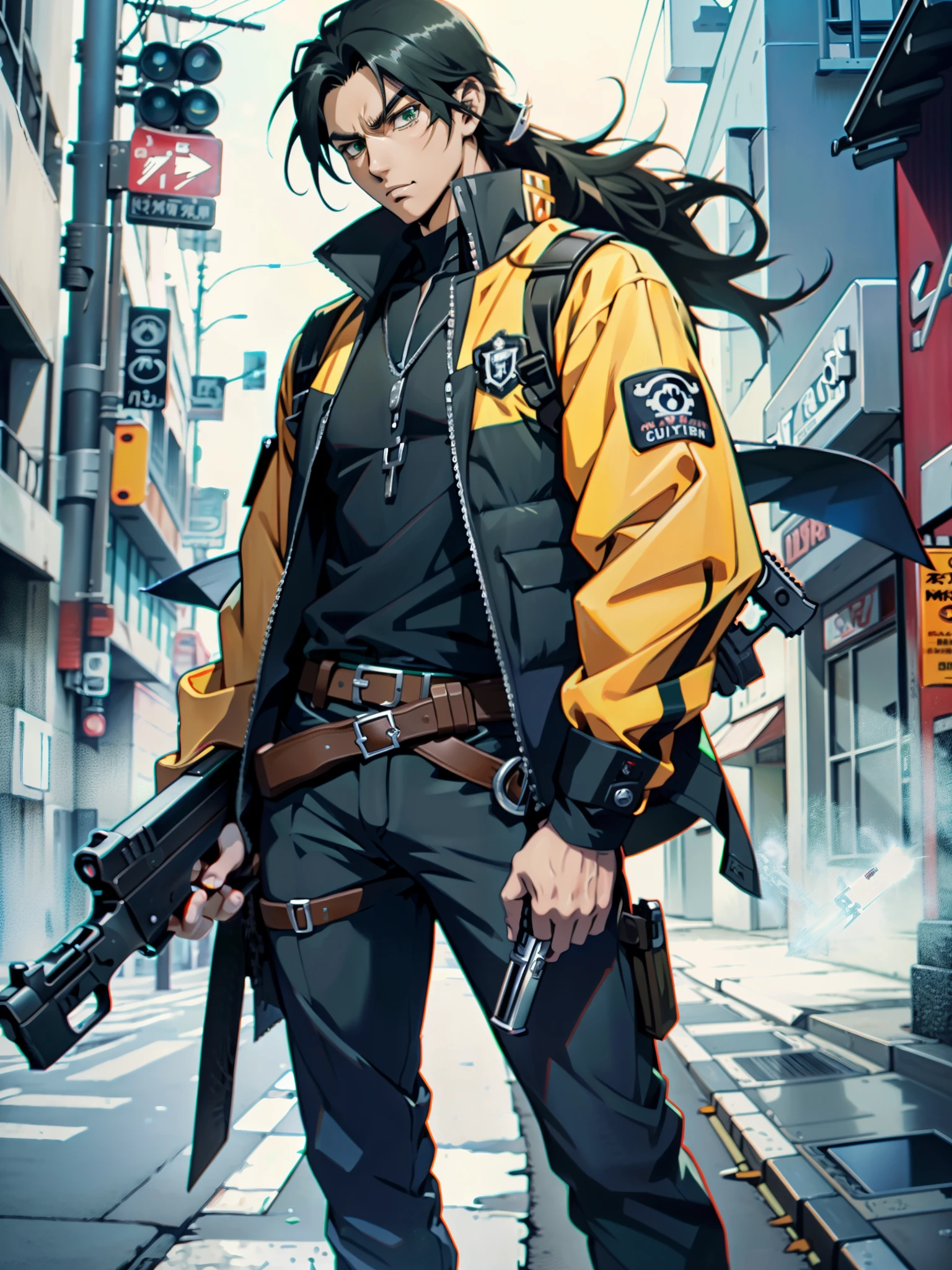 ung black-haired man, long black vest, serious look, anime 1man, make focus, solo, solo focus, green eyes, ((full body shot, cowboy shot)), serious look, anime style, ((holding a gun, holding weapon, holding a pistol, holding a revolver, 357 magnum revolver, finger on trigger)).
