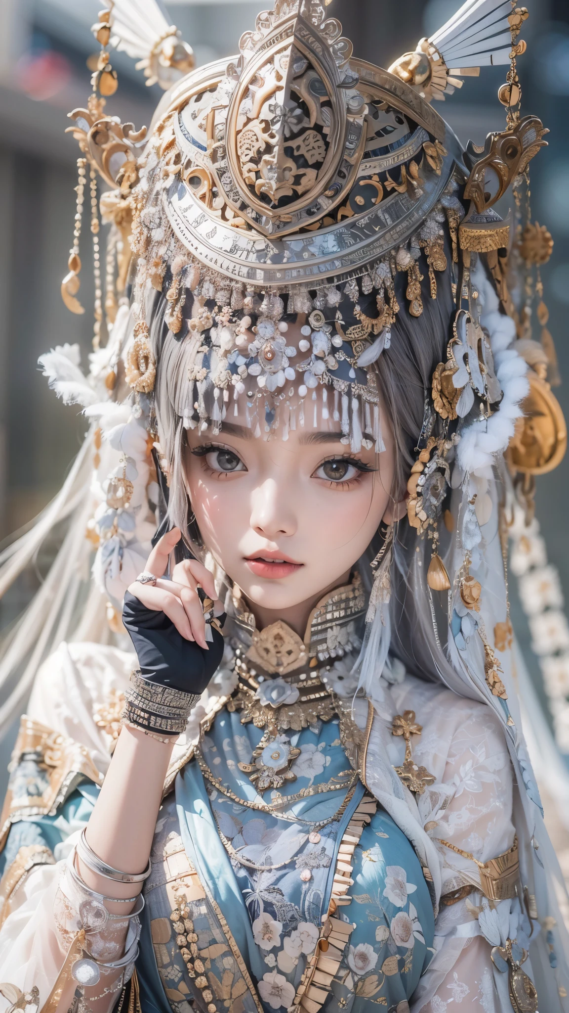 (good structure),high dynamic range,ultra high definition,8k,1 girl,Chinese Yi costumes,silver metal headpiece, brown eyes, earrings, have, jewelry,Yi ethnic metal jewelry,A huge metal have,Headwear metal tassels,Silver metal have, lace, lace trim, lips, long hair, looking at the audience, parted lips, alone, Upper body