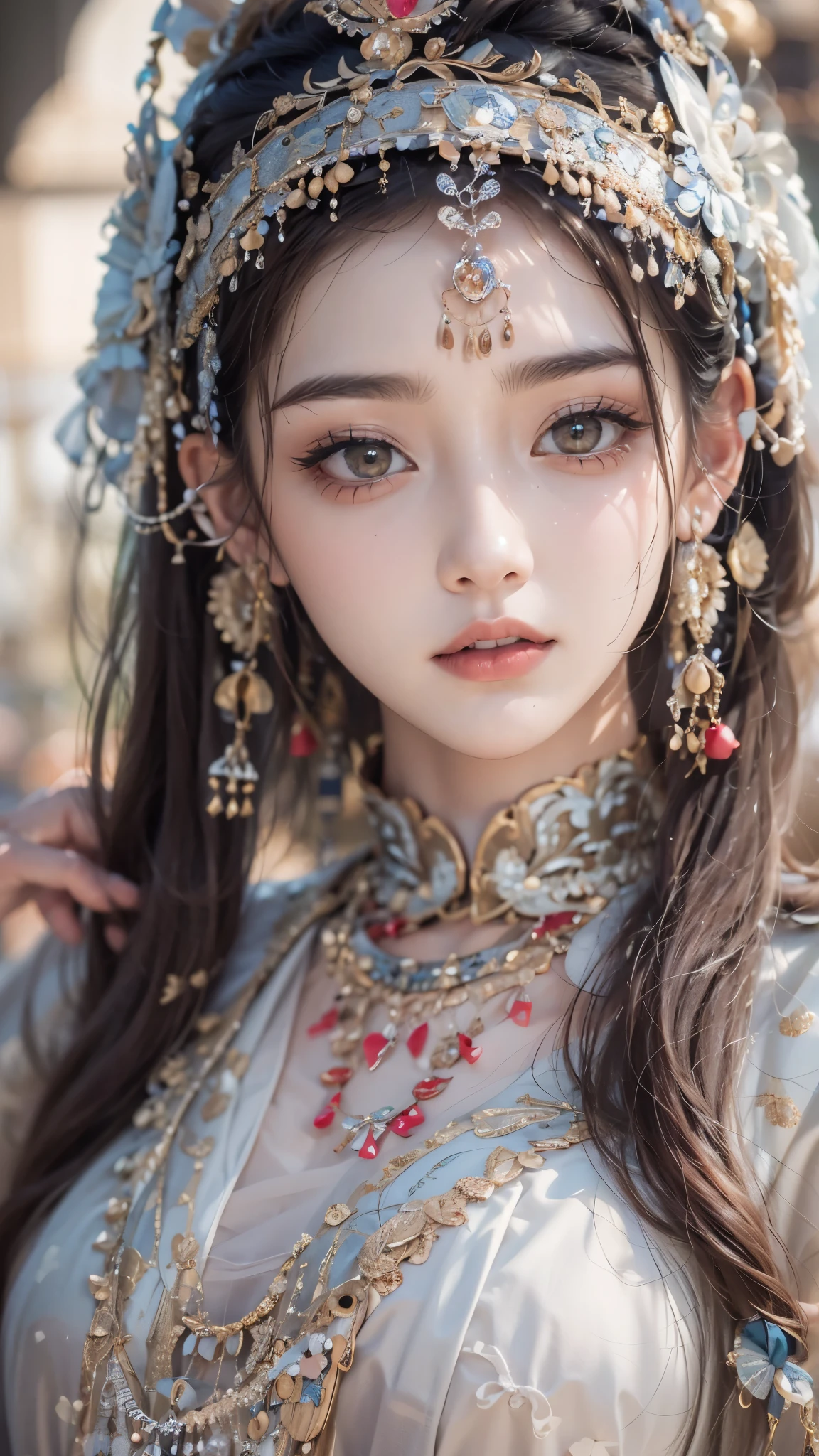 (good structure),high dynamic range,ultra high definition,8k,1 girl,Chinese Yi costumes,silver metal headpiece, brown eyes, earrings, have, jewelry,Yi ethnic metal jewelry,A huge metal have,Headwear metal tassels,Silver metal have, lace, lace trim, lips, long hair, looking at the audience, parted lips, alone, Upper body