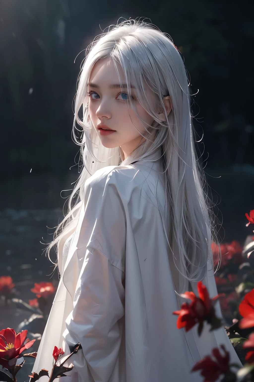 1girl,solo,1girl,solo,((beautiful detailed eyes)), (detailed light),depth of field,(white hair),silver eyes,hair over one eye,(red flower ), hair flower,long hair,black cloak,wet,emotionless,looking back,night,starfall,raining,fog,red flowers falling,sketch,upper body,intense shadows,
