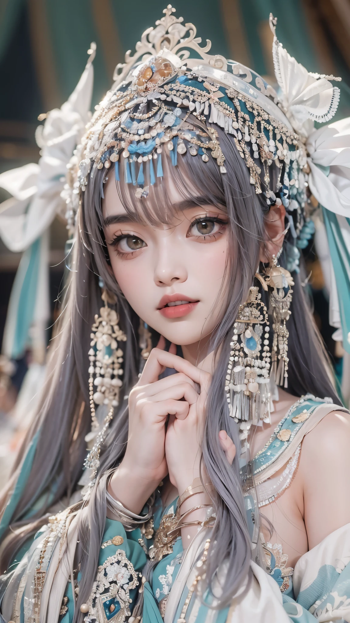 (good structure),high dynamic range,ultra high definition,8k,1 girl,Chinese Yi costumes,silver metal headpiece, brown eyes, earrings, have, jewelry,Yi ethnic metal jewelry,A huge metal have,Headwear metal tassels,Silver metal have, lace, lace trim, lips, long hair, looking at the audience, parted lips, alone, Upper body