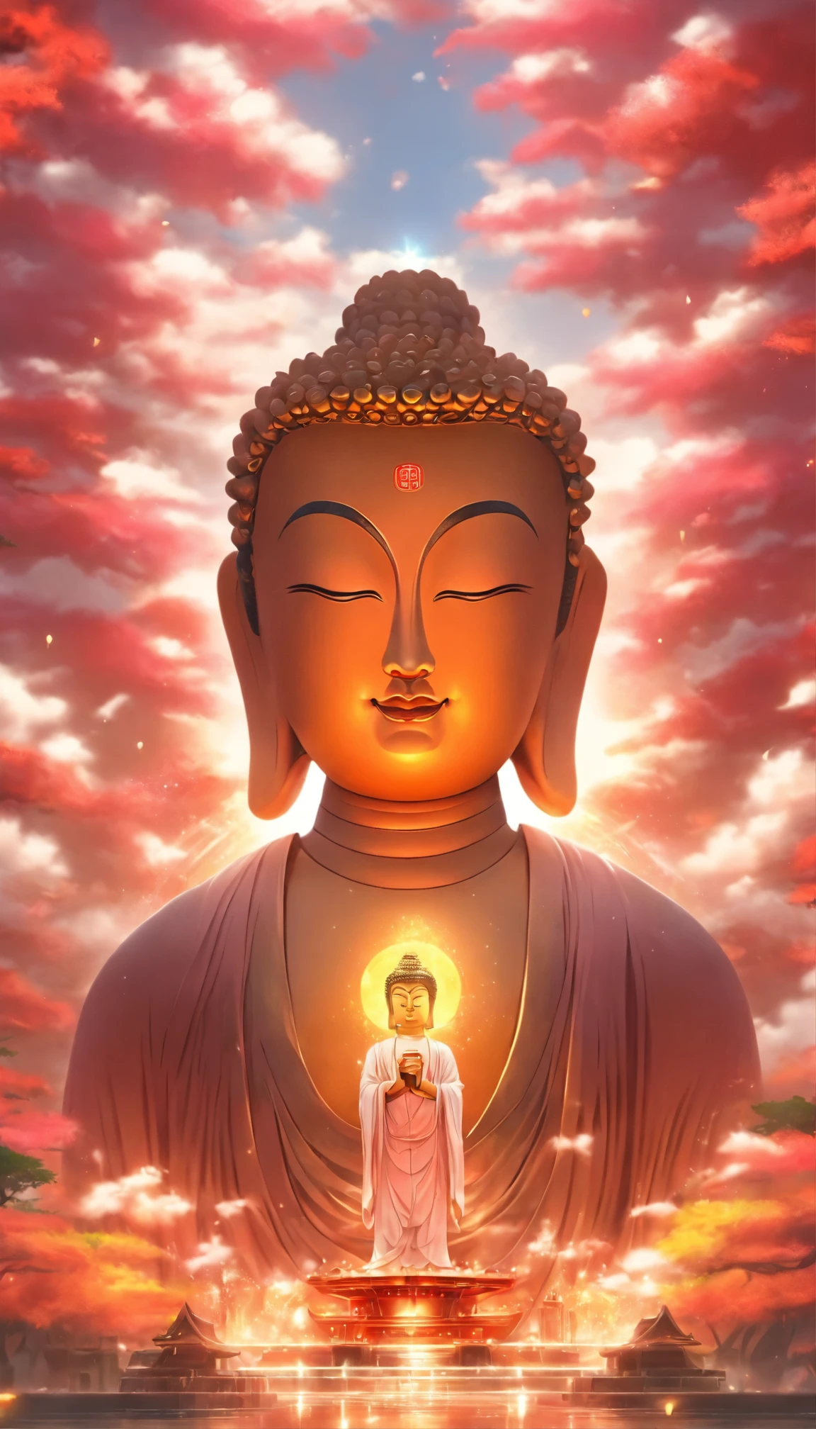 ((table top))，(最high quality))，Big Buddha facing the front，thick clouds，shining sun，，surreal，ultra photoreal sim，pink，8k，High resolution，high quality，super fine，（（（OC renderer）））、（（（face forward）））、photo from the waist up、Make your face the center of the photo、（（（The only person is the Great Buddha）））、（（（close up face）））