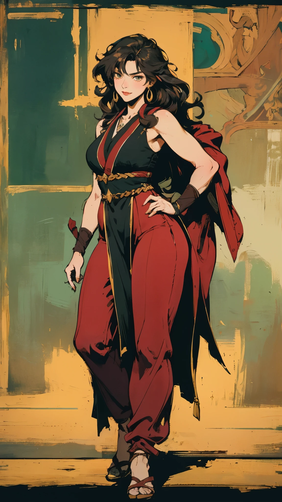 A woman in a red outfit and black top standing in front of a building ...