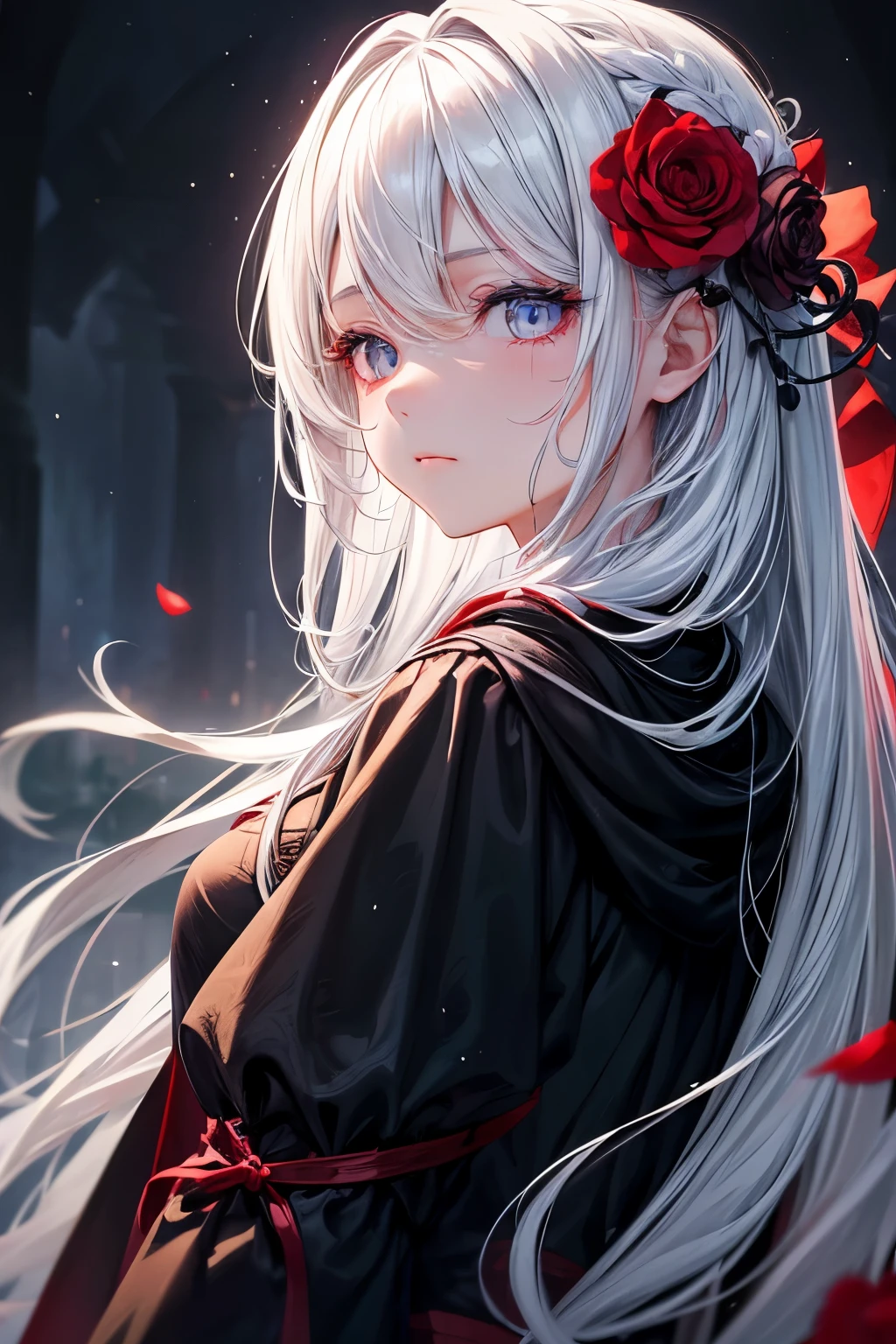 1girl,solo,1girl,solo,((beautiful detailed eyes)), (detailed light),depth of field,(white hair),silver eyes,hair over one eye,(red flower ), hair flower,long hair,black cloak,wet,emotionless,looking back,night,starfall,raining,fog,red flowers falling,sketch,upper body,intense shadows,