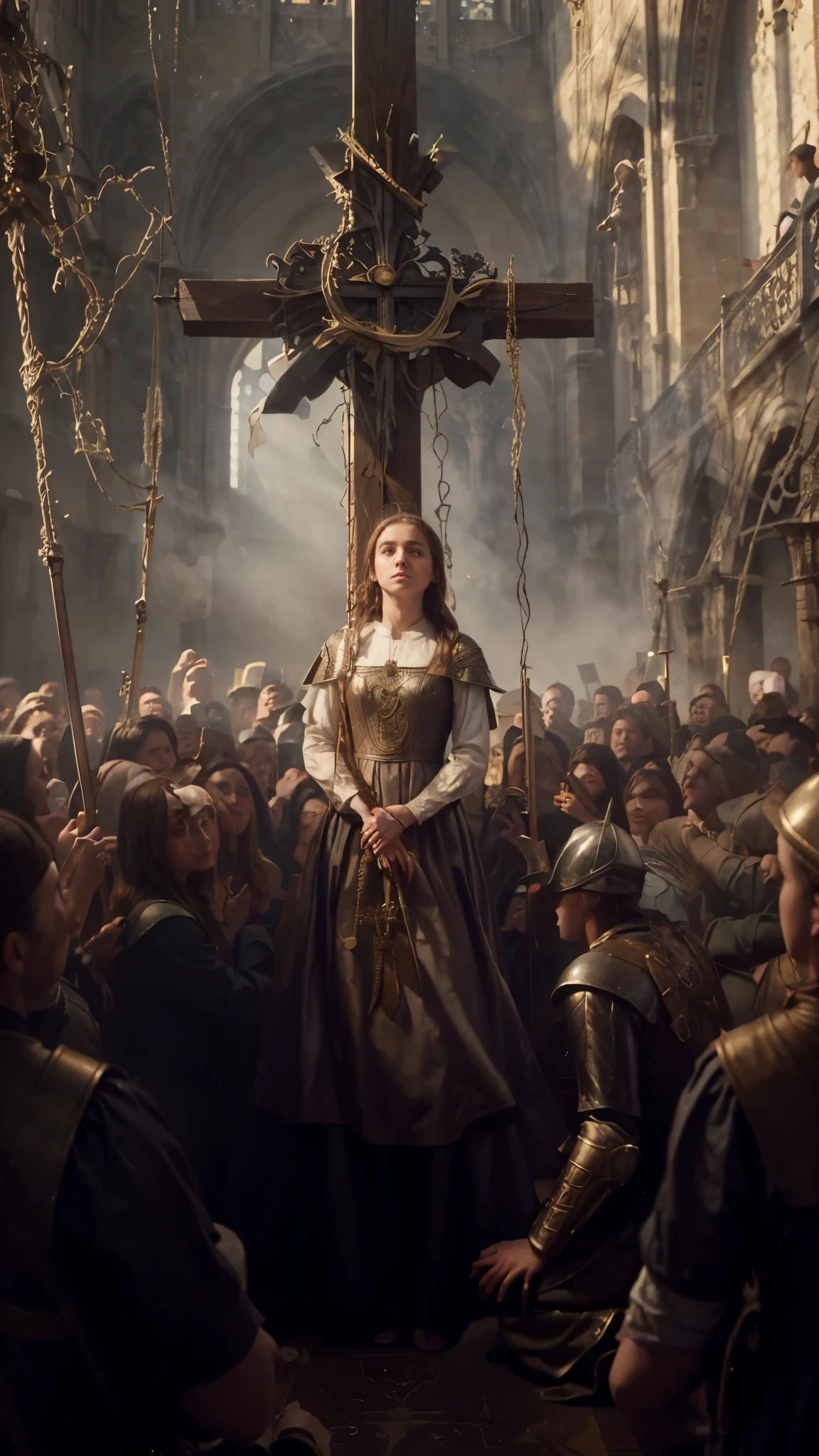 painting of a woman in a dress standing in front of a cross, emma watson as joan of arc, ana de armas as joan of arc, annasophia robb as joan of arc, joan of arc, inspired by Carl Heinrich Bloch, karol bak of emma watson nun, medieval fantasy art, wojtek fus, inspired by Jakub Schikaneder