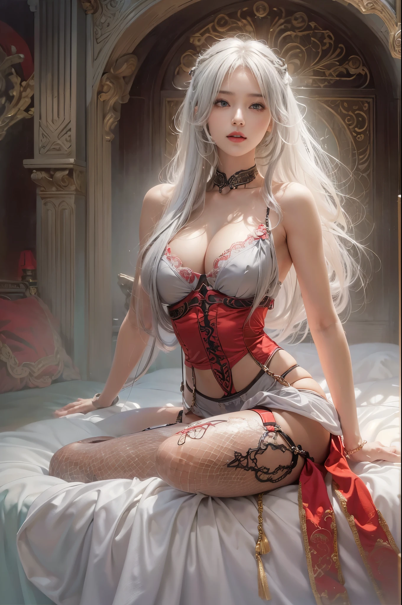 ((master piece:1.4)、(highest quality:1.4)、(realistic:1.7))、Written by Luis Royo(Written by Luis Royo)Surreal portrait of a beautiful girl、超beautiful girl、((1 girl:1.4))、Radiant natural skin texture、authority luis royo(Written by Luis Royo)、19 years old、(upper arm:1.4、two legs:1.4)、(perfect anatomy:1.4)、(完璧な女性のbody:1.4)、girl portrait、接写body撮影ティナステピース:1.4), (highest qualityの:1.4), (realistic:1.7), Written by Luis Royo, beautiful girl, 超beautiful girl, ((1 girl:1. 4), Radiant natural skin texture, authority luis royo, 19 years oldの, (完璧な女性のbody: 1.4), (完璧な女性のbody: 1.) 4), girl portrait, Close-up、body), fantasy art, soft front light, beautiful expression, cute face, beautiful breasts, big full breast: 1. 2, beautiful butt, fine eyes, Clear and eye-catching, beautiful and attractive, beautiful eyes, thin waist, immature, red lips, ((gray hair, long hair)) , 1 screen display, ((Woman crawling on all fours on a silk bed)), (sexy posture), (milky way in the sky),((Red T-back pants))、((red garter and garter belt))、(laughter),((Rear view))、((look back))、((膣兰))、((erection))