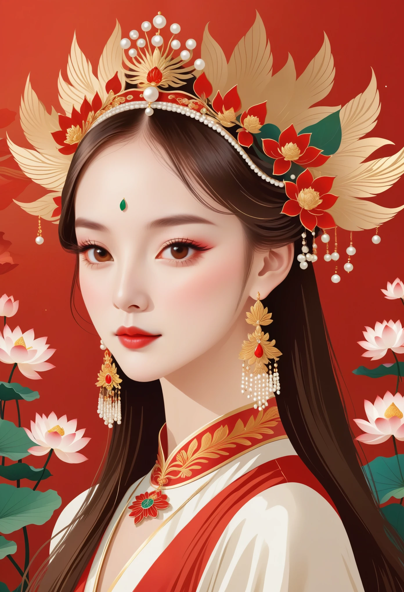 flat，Vector，meticulous painting，simple lines，beautiful girl，portrait，phoenix crown，fringed tiara，Pearl crown，red， Lotus leaf background，round background
