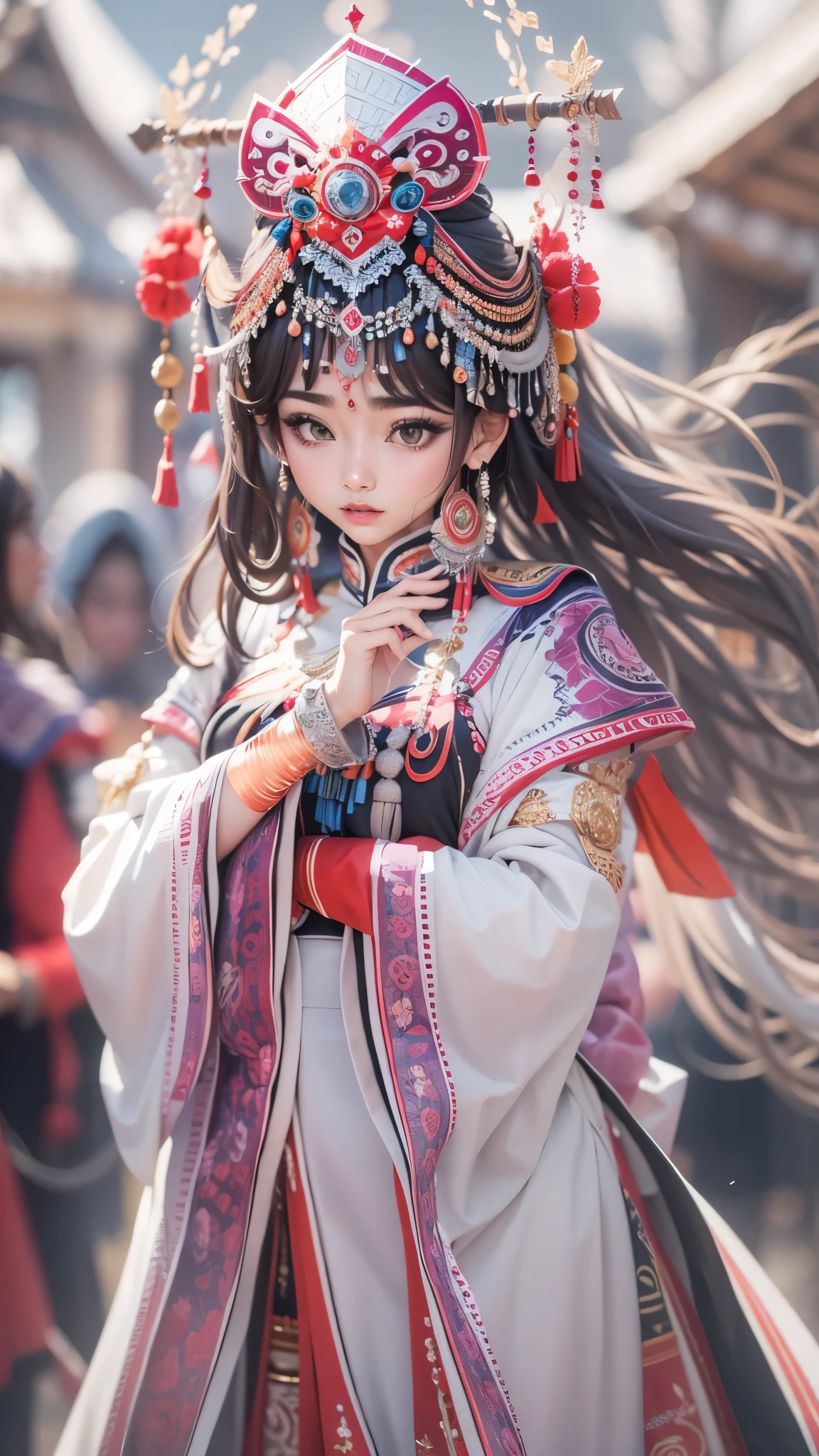 (good structure),high dynamic range,ultra high definition,8k,1 girl,Chinese Yi costumes,silver metal headpiece, brown eyes, earrings, have, jewelry,Yi ethnic metal jewelry,A huge metal have,Headwear metal tassels,Silver metal have, lace, lace trim, lips, long hair, looking at the audience, parted lips, alone, Upper body