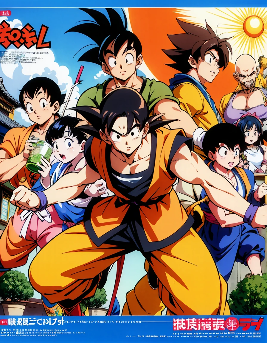 dragon ball anime illustration、Sun Wukong、Piccolo Daimaou、TIANJIN RICE、Drink tea、bloomers、Krillin、Master Roshi、Group Picture、Cover picture、akira toriyama style、The background is、Tenkaichi Ball venue、ultra detailed, ultra high res, 8k, best quality, masterpiece,