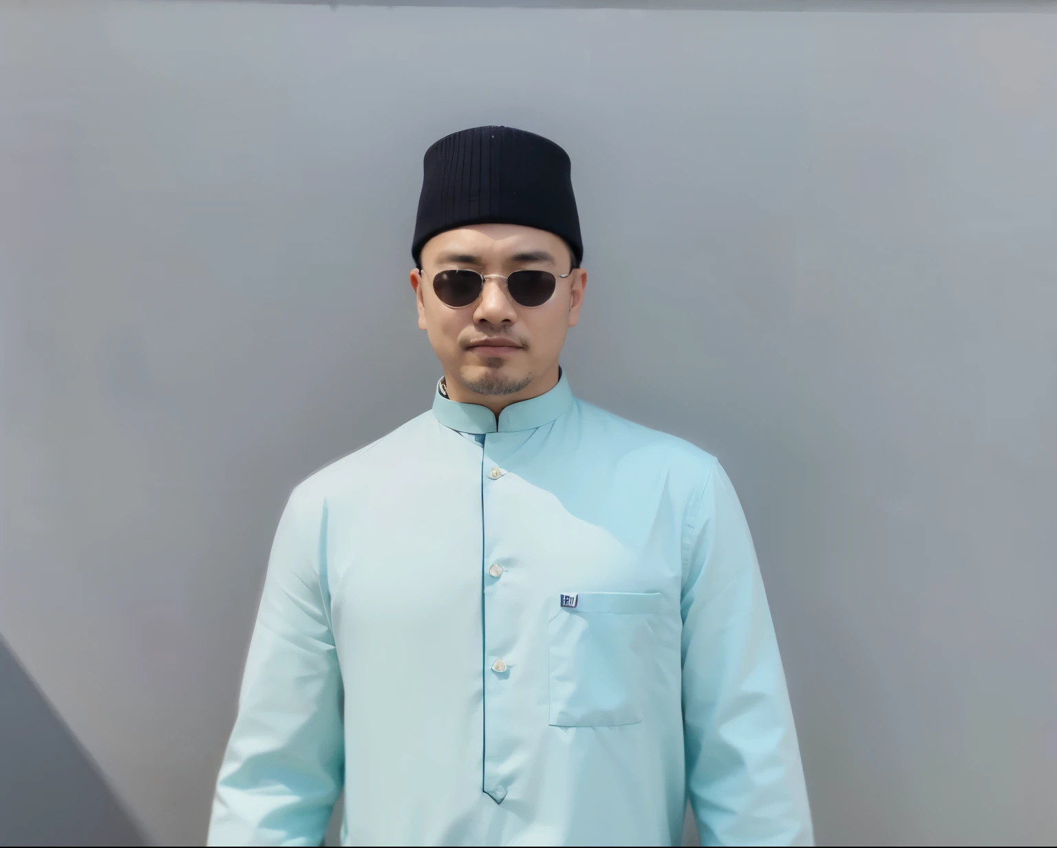 A man in light blue shirt with white frame sunglasses and a black songkok on the head