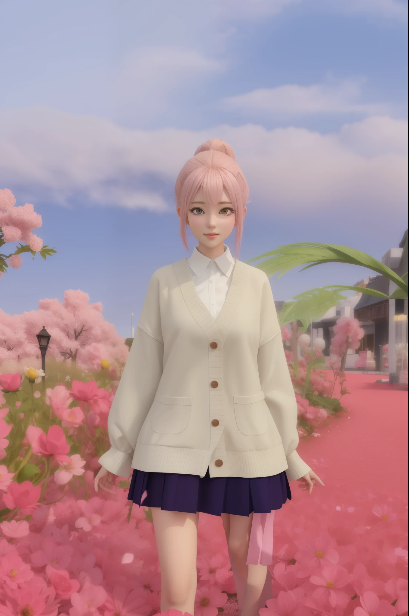 il y a une femme debout dans un champ de fleurs sur fond rose, Uniforme d'student of the'magic school, rendu d'avril, Designed for a warm aesthetic!, render of a mignon 3d anime girl, inspired by Sim Sa-jeong, aux cheveux courts, highly detailed full body, style anime 3D, shikami, 🍂 mignon, style anime 3D réaliste