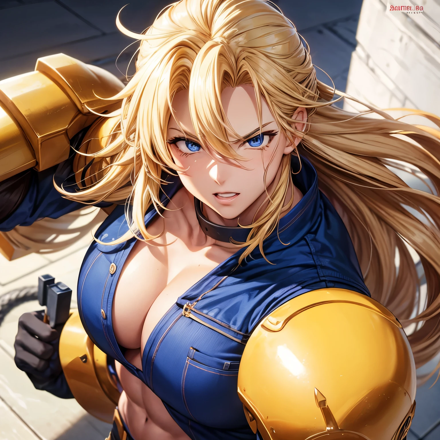 JACK HAMMER, homem gigante, blonde hair very quickly, musculoso, com varias cicatrizes do corpo, lutando, anime from japan.