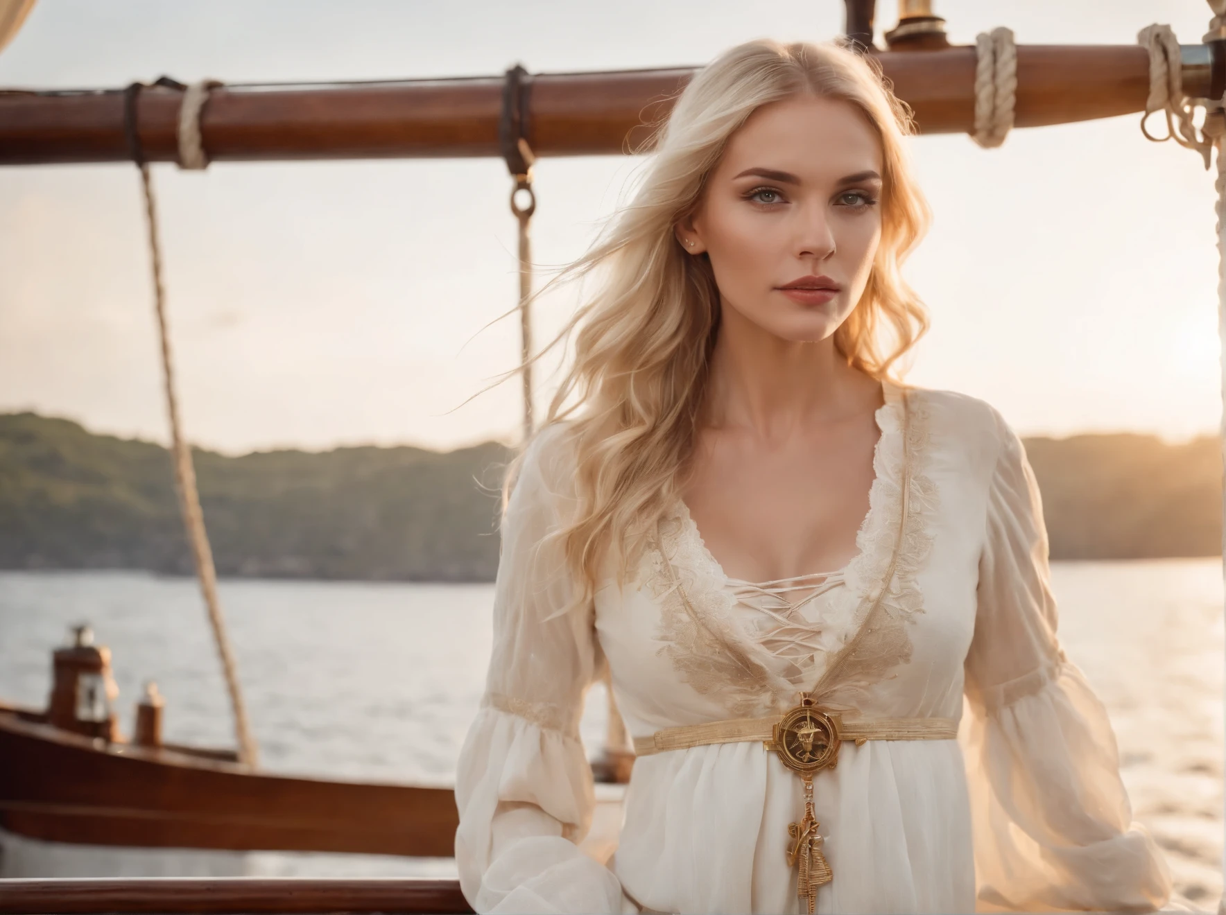 ((a blonde pirate woman standing on fantasy sailboat)), rosto detalhado, cabelo loiro, loira, ((jewelry)), (nuvens coloridas), nascer do sol, estrelas, navios distantes no oceano