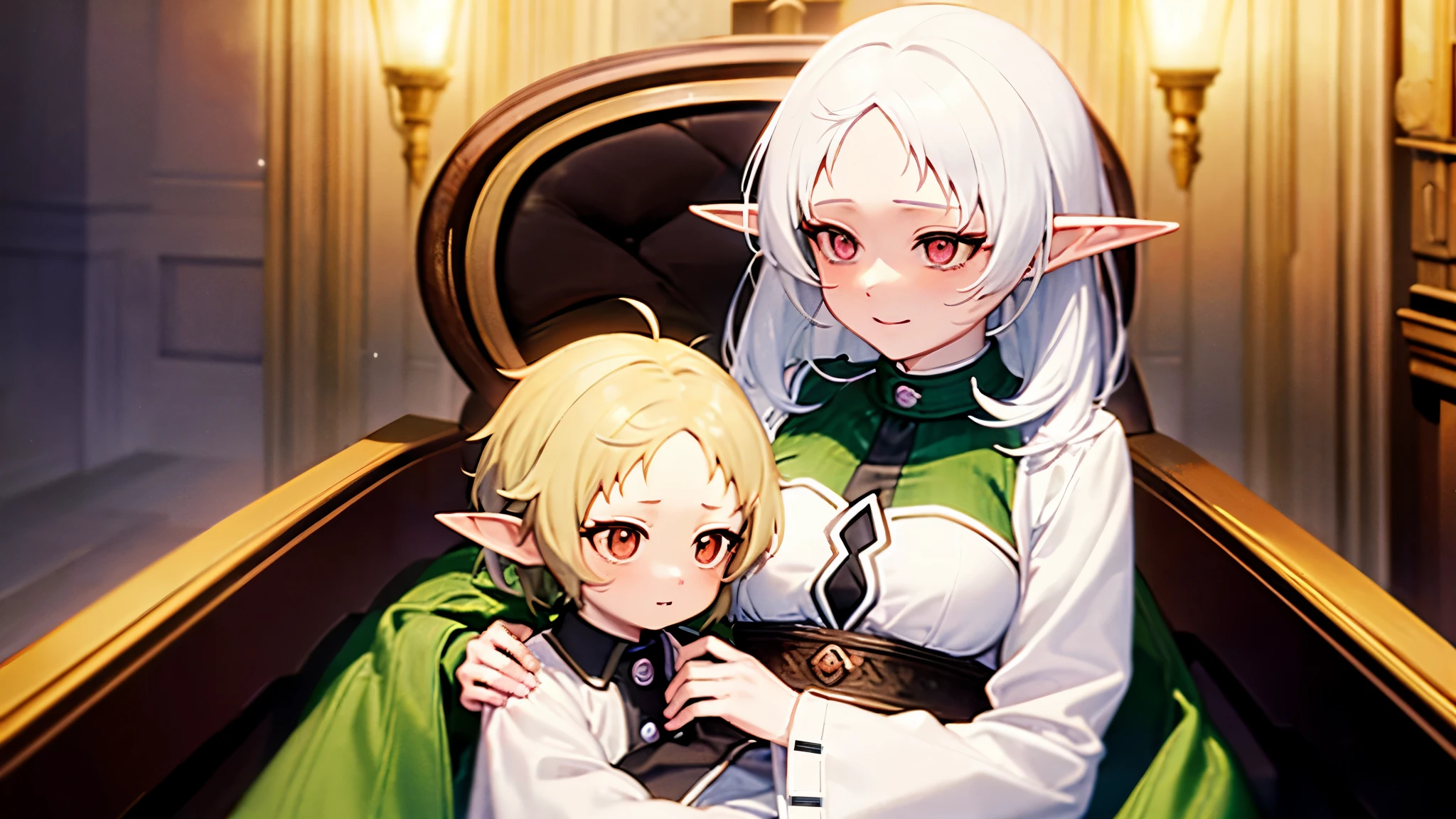 a cute character with a shy smile named Sylphie with elf-like ears and white short hair, the eyes are red colored with black pupils. The character is wearing a white long-sleeve shirt and a brown skirt, is sitted on a chair amidst a serene and beautifully illuminated room while she holds an elf baby with light brown hair, inside blankets on her arms. Mushoku Tensei. anime style masterpiece. Ultra HD. Super Details. Perfect Illumination.