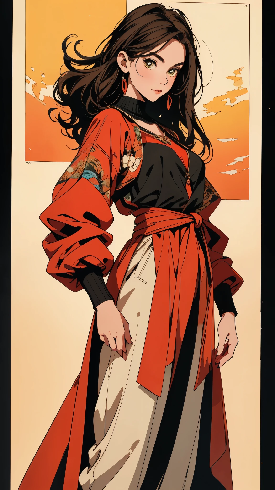 ((A girl with long deep red wavy hair)), slender upturned eyebrows, sharp eyes, delicate features, ((a mix of Central Asian and European facial characteristics)), a hint of a smile at the corner of her mouth, exuding confidence, her figure is svelte, ((a fantasy-style long dress designed for both ease of movement and regal elegance, loose and comfortable trousers that match the outfit for ease of movement, red and white as the main color, complemented by yellow accents)), proudly standing with hands on hips, the scene is set in a majestic fantasy-style ancient city that melds Chinese and Japanese architectural influences, this character embodies a finely crafted fantasy martial arts-style female warrior in anime style, exquisite and mature manga art style, perfect nose, perfect mouth, perfect eyes, perfect hair, Perfect skin, textured skin, detailed skin, porcelain skin, high definition, best quality, highres, ultra-detailed, ultra-fine painting, extremely delicate, professional, anatomically correct, symmetrical face, extremely detailed eyes and face, high quality eyes, creativity, RAW photo, UHD, 32k, Natural light, cinematic lighting, masterpiece-anatomy-perfect, masterpiece:1.5