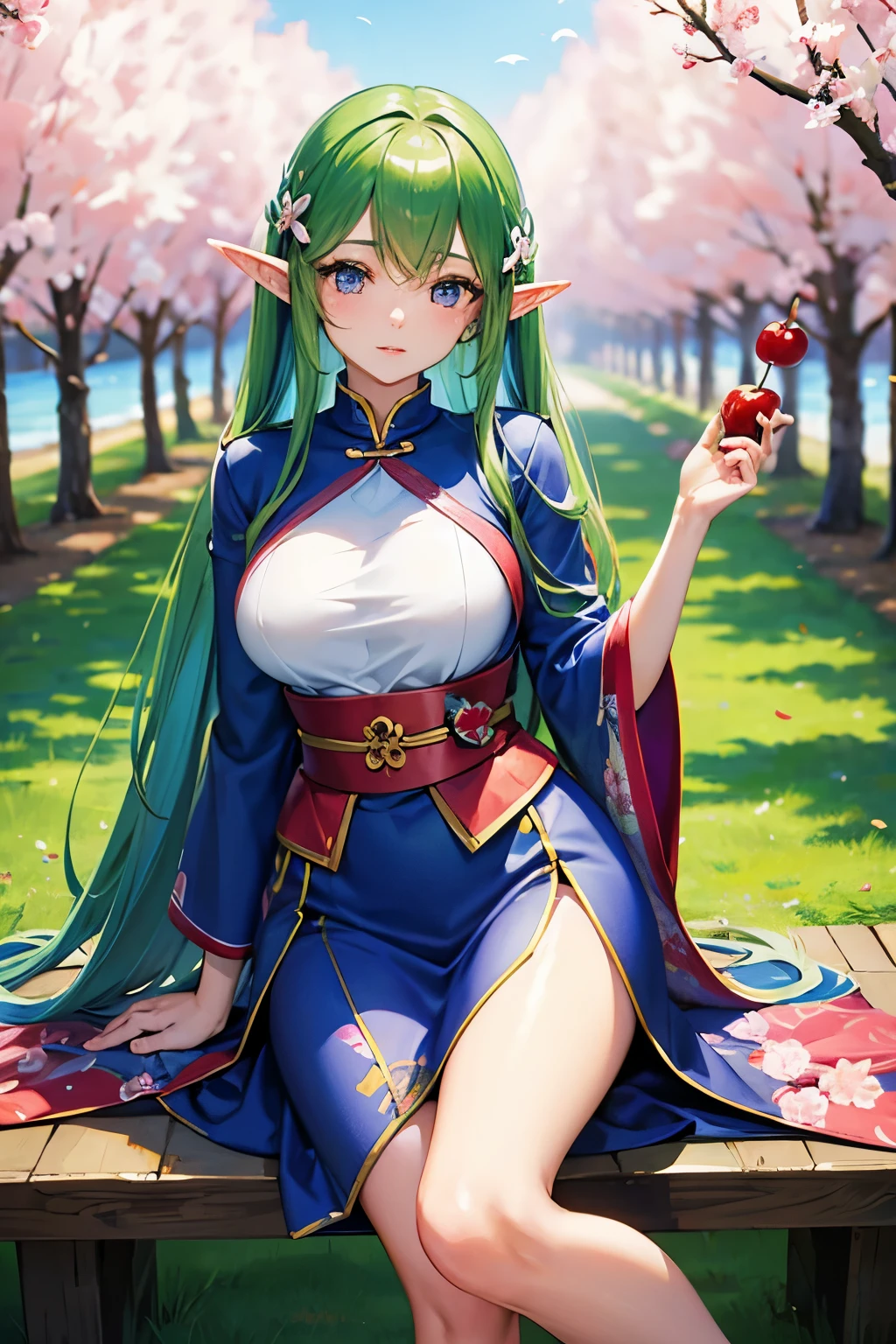 beautiful japanese elf woman standing among the cherry trees