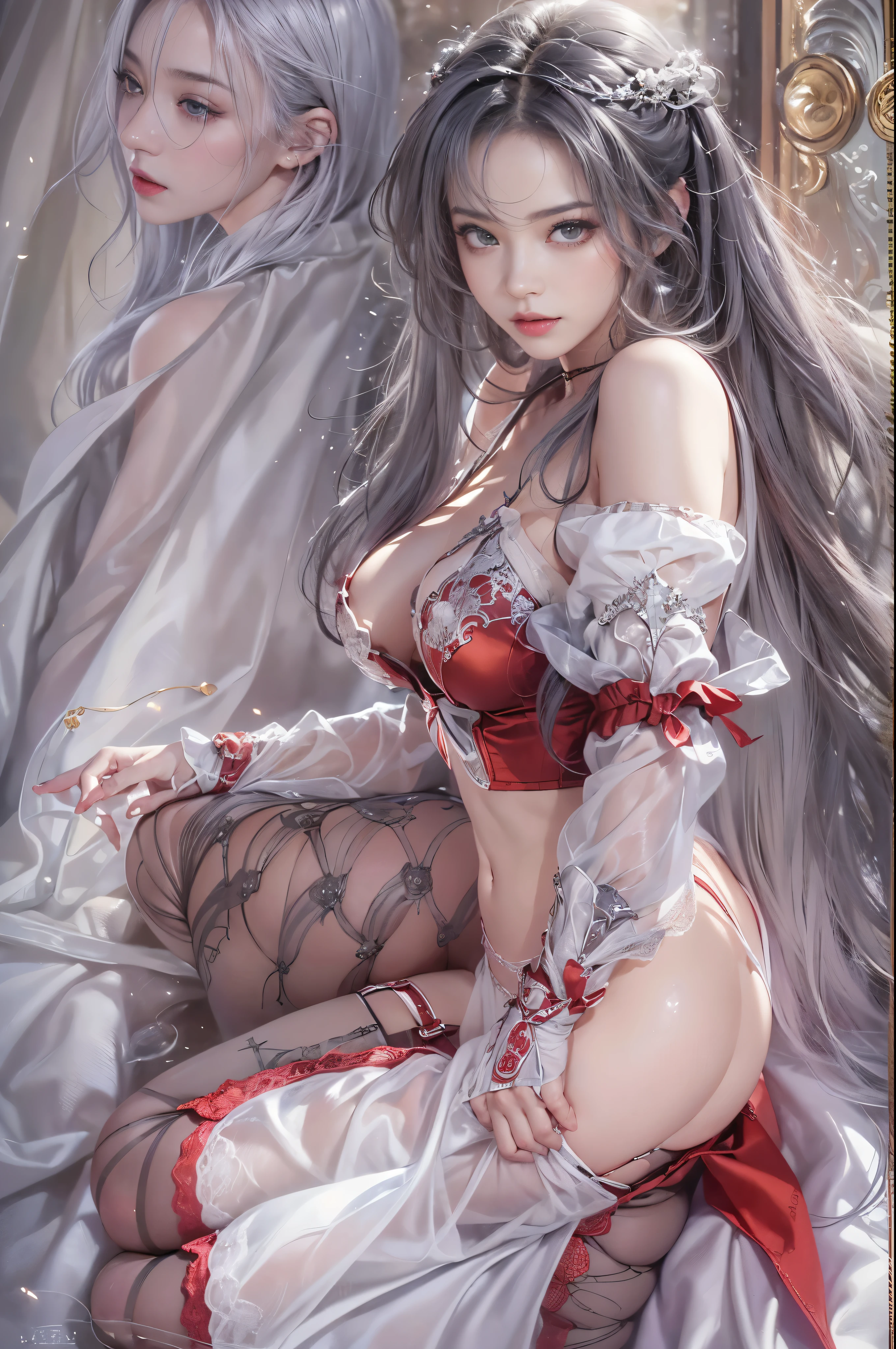 ((masterpiece:1.4)、(highest quality:1.4)、(realistic:1.7))、Written by Luis Royo(Written by Luis Royo)Surreal portrait of a beautiful girl、超beautiful girl、((1 girl:1.4))、Radiant natural skin texture、authority luis royo(Written by Luis Royo)、19 years old、(upper arm:1.4、two legs:1.4)、(perfect anatomy:1.4)、(完璧な女性のbody:1.4)、girl portrait、接写body撮影ティナステピース:1.4), (highest qualityの:1.4), (realistic:1.7), Written by Luis Royo, beautiful girl, 超beautiful girl, ((1 girl:1. 4), Radiant natural skin texture, authority luis royo, 19 years oldの, (完璧な女性のbody: 1.4), (完璧な女性のbody: 1.) 4), girl portrait, close、body), fantasy art, soft front light, beautiful expression, cute face, beautiful breasts, big breasts: 1. 2, beautiful butt, fine eyes, Clear and eye-catching, beautiful and attractive, beautiful eyes, thin waist, immature, red lips, ((gray hair, long hair)) , 1 screen display, ((Woman crawling on all fours on a silk bed)), (sexy posture), (milky way in the sky),((Red T-back pants))、((red garter and garter belt))、(laughter),((Rear view))、((look back))、((膣兰))、((erection))