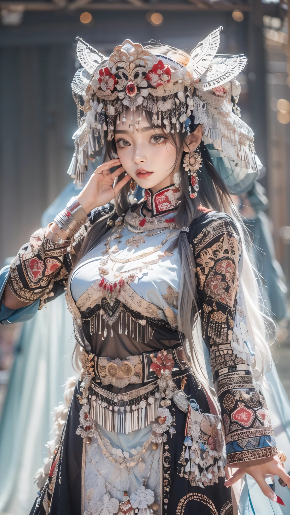 (good structure),high dynamic range,ultra high definition,8k,1 girl,Chinese Yi costumes,silver metal headpiece, brown eyes, earrings, have, jewelry,Yi ethnic metal jewelry,A huge metal have,Headwear metal tassels,Silver metal have, lace, lace trim, lips, long hair, looking at the audience, parted lips, alone, Upper body