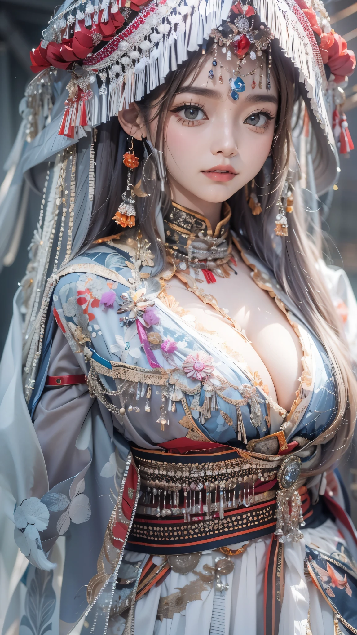 (good structure),high dynamic range,ultra high definition,8k,1 girl,Chinese Yi costumes,silver metal headpiece, brown eyes, earrings, have, jewelry,Yi ethnic metal jewelry,A huge metal have,Headwear metal tassels,Silver metal have, lace, lace trim, lips, long hair, looking at the audience, parted lips, alone, Upper body