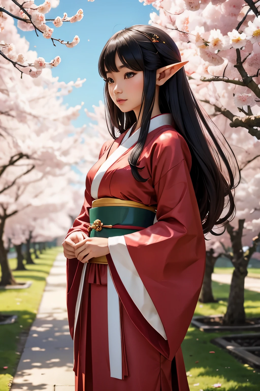 beautiful japanese elf woman standing among the cherry trees