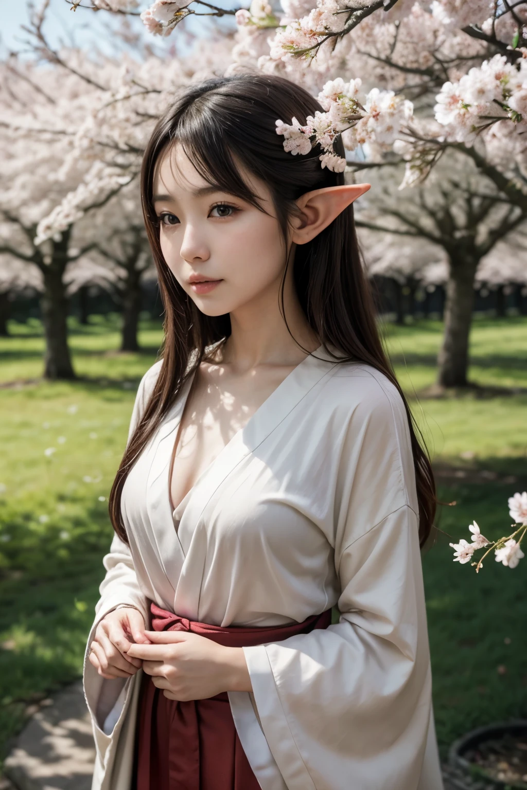 beautiful japanese elf woman standing among the cherry trees