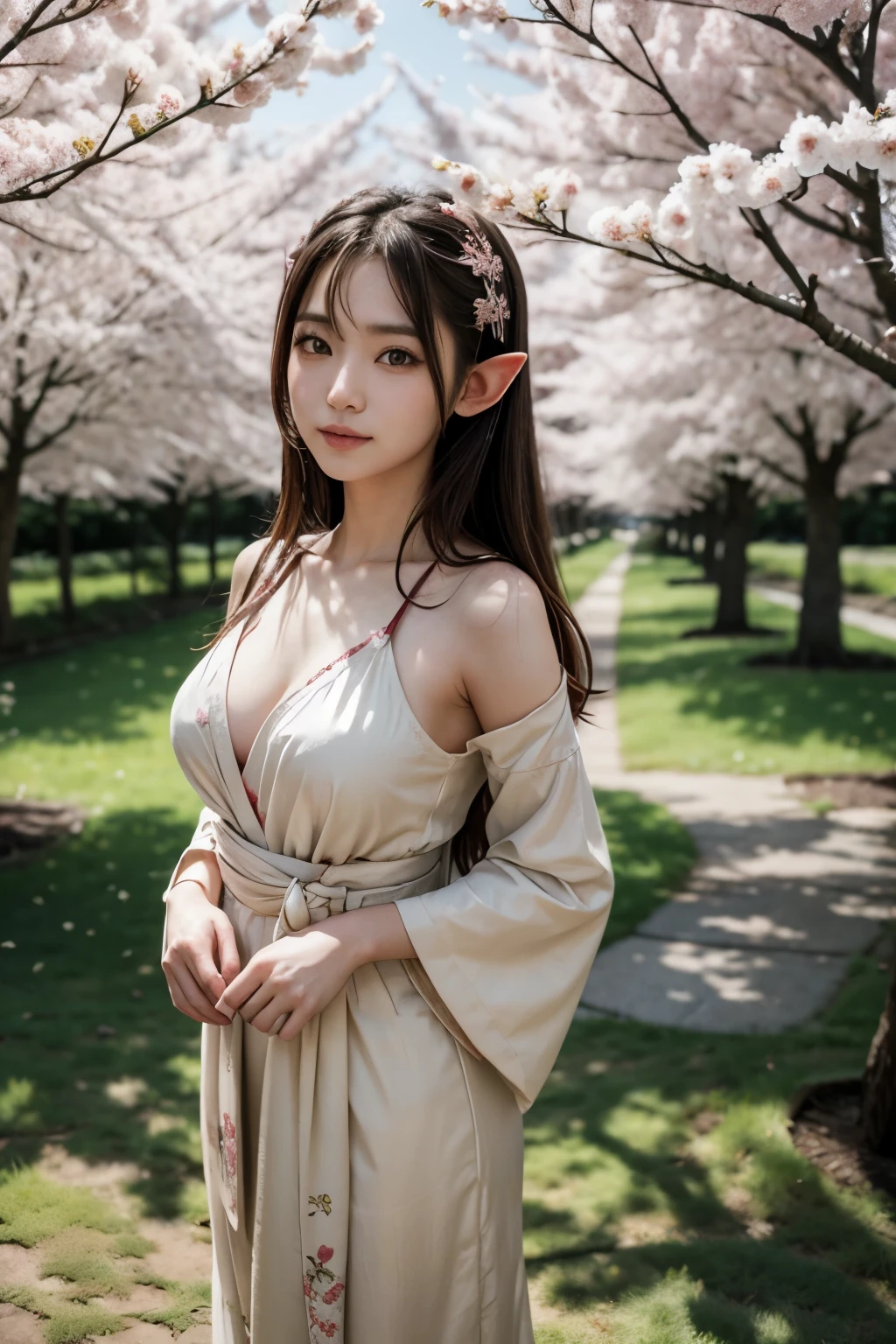 beautiful japanese elf woman standing among the cherry trees