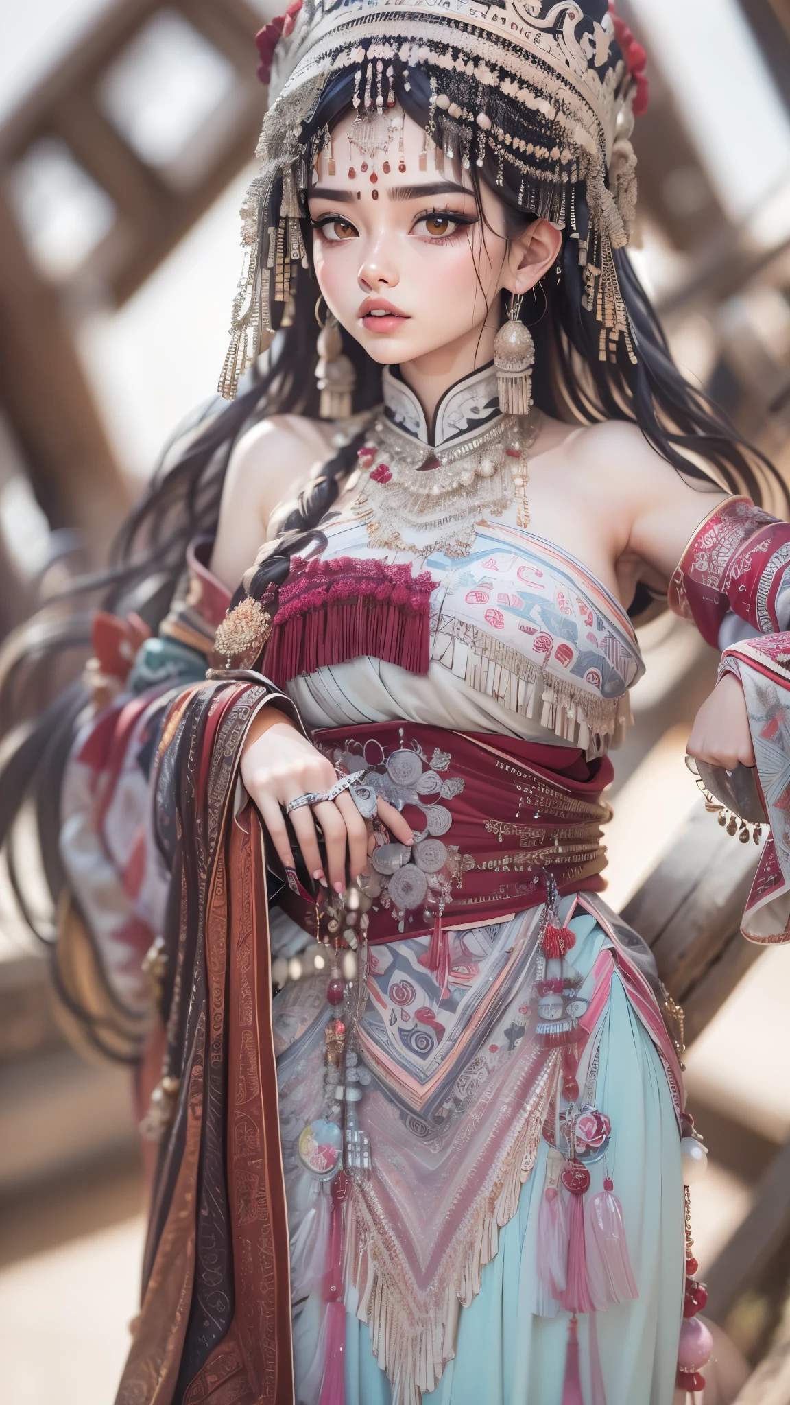 (good structure),high dynamic range,ultra high definition,8k,1 girl,Chinese Yi costumes,silver metal headpiece, brown eyes, earrings, have, jewelry,Yi ethnic metal jewelry,A huge metal have,Headwear metal tassels,Silver metal have, lace, lace trim, lips, long hair, looking at the audience, parted lips, alone, Upper body