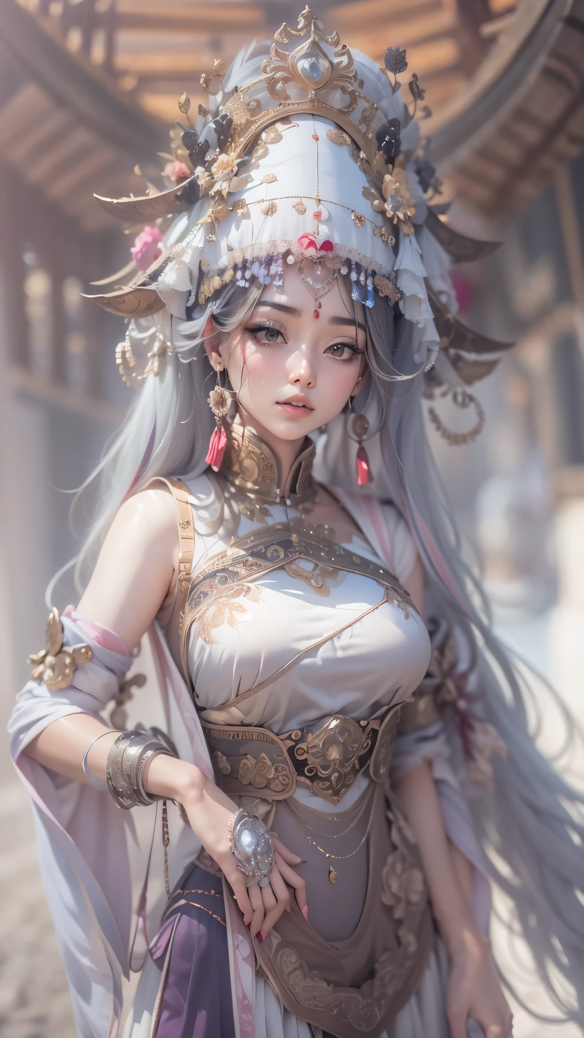 (good structure),high dynamic range,ultra high definition,8k,1 girl,Chinese Yi costumes,silver metal headpiece, brown eyes, earrings, have, jewelry,Yi ethnic metal jewelry,A huge metal have,Headwear metal tassels,Silver metal have, lace, lace trim, lips, long hair, looking at the audience, parted lips, alone, Upper body