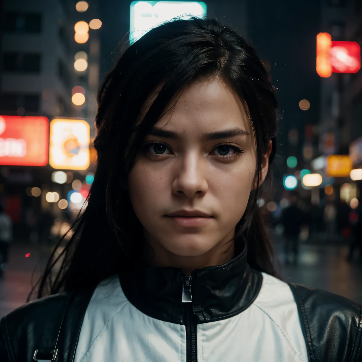 close-up portrait cinematic photo of a beautiful cyberpunk live action version of Tales of Symphonia's main character Lloyd Irving with neon lights in a futuristic Japan, Photo at eye level, .35mm photography, film, Bokeh, dark, dystopian, screencap, professional, 4k, highly detailed, wallpaper