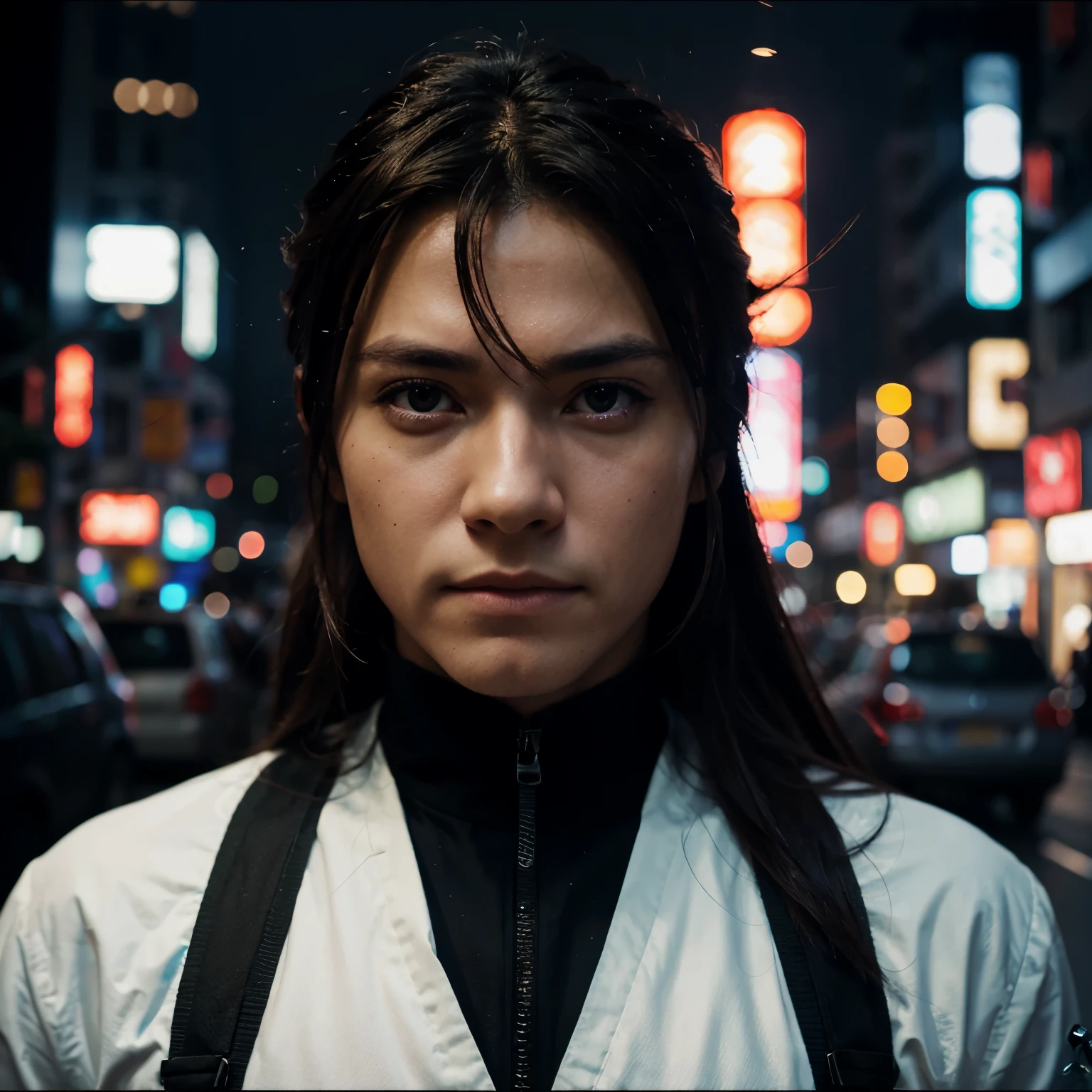 close-up portrait cinematic photo of a beautiful cyberpunk live action version of Tales of Symphonia's main character Lloyd Irving with neon lights in a futuristic Japan, Photo at eye level, .35mm photography, film, Bokeh, dark, dystopian, screencap, professional, 4k, highly detailed, wallpaper