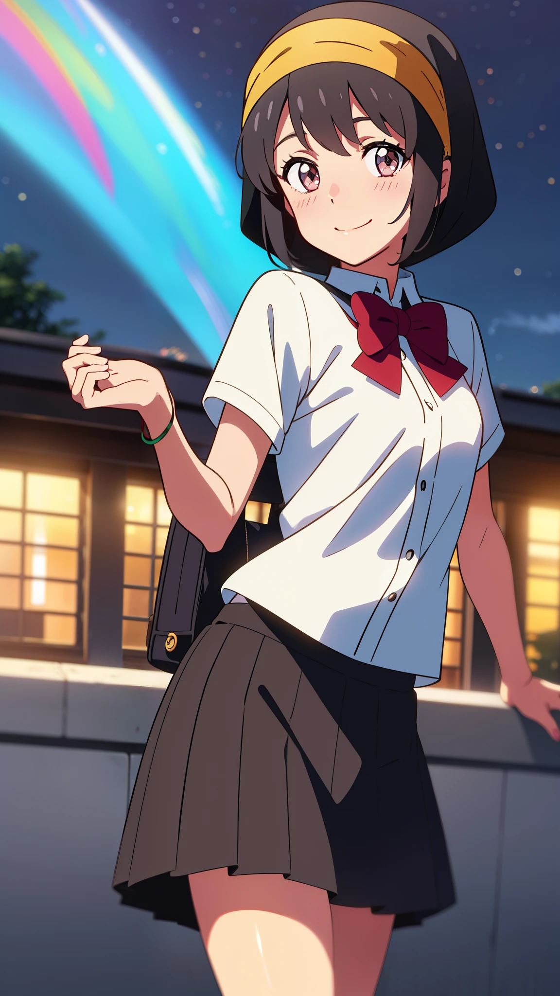 shinkai makoto, kimi no na wa., 1girl, bangs, black hair, short hair, ((wearing islamic hijab)), blush, bright eyes, brown eyes, red bow, smile,cute, beautiful, shiny skin, looking at the viewer, solo, shirt, white shirt, skirt, black skirt, short sleeves, sky, night, beautiful