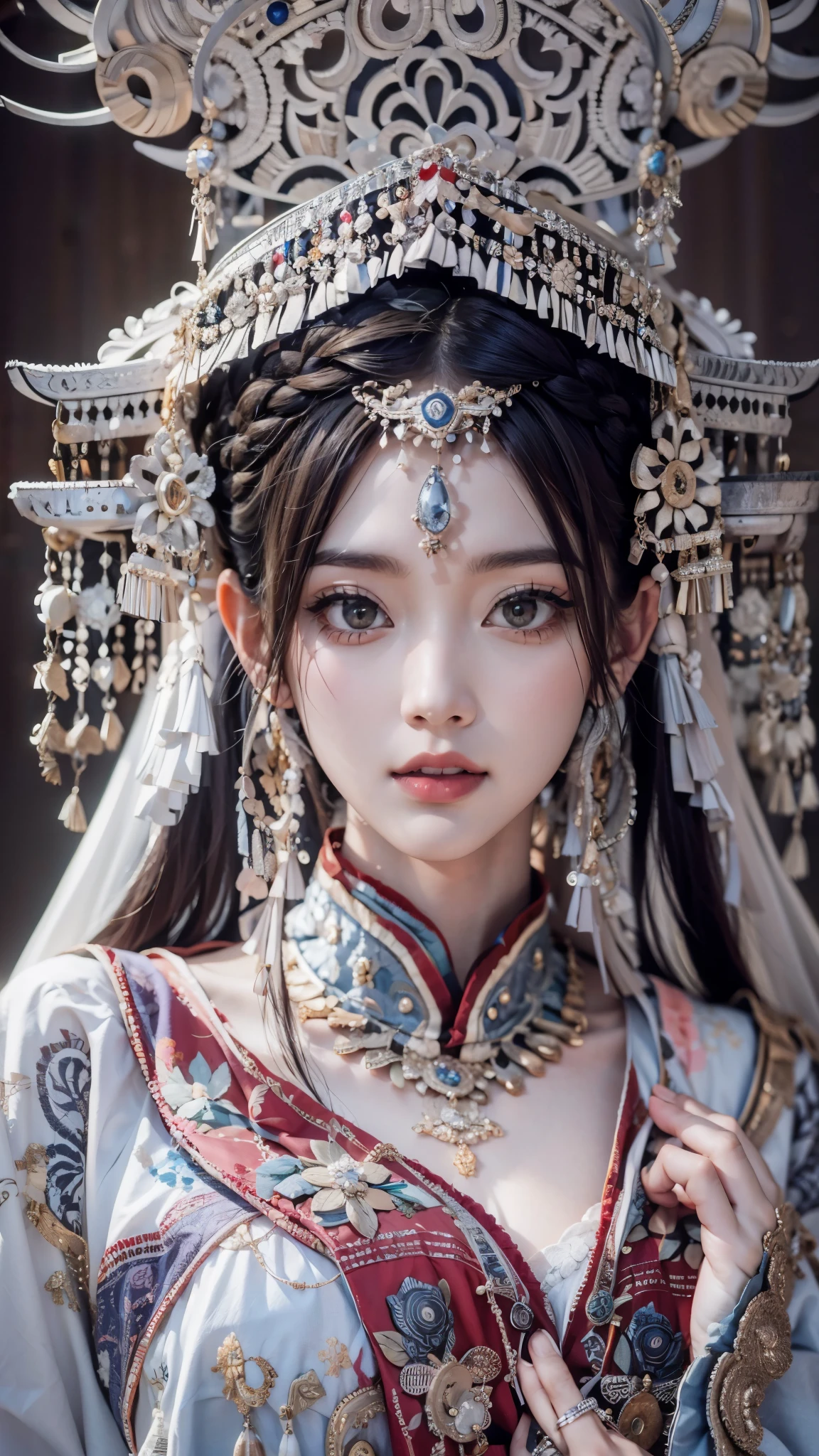 (good structure),high dynamic range,ultra high definition,8k,1 girl,Chinese Yi costumes,silver metal headpiece, brown eyes, earrings, have, jewelry,Yi ethnic metal jewelry,A huge metal have,Headwear metal tassels,Silver metal have, lace, lace trim, lips, long hair, looking at the audience, parted lips, alone, Upper body