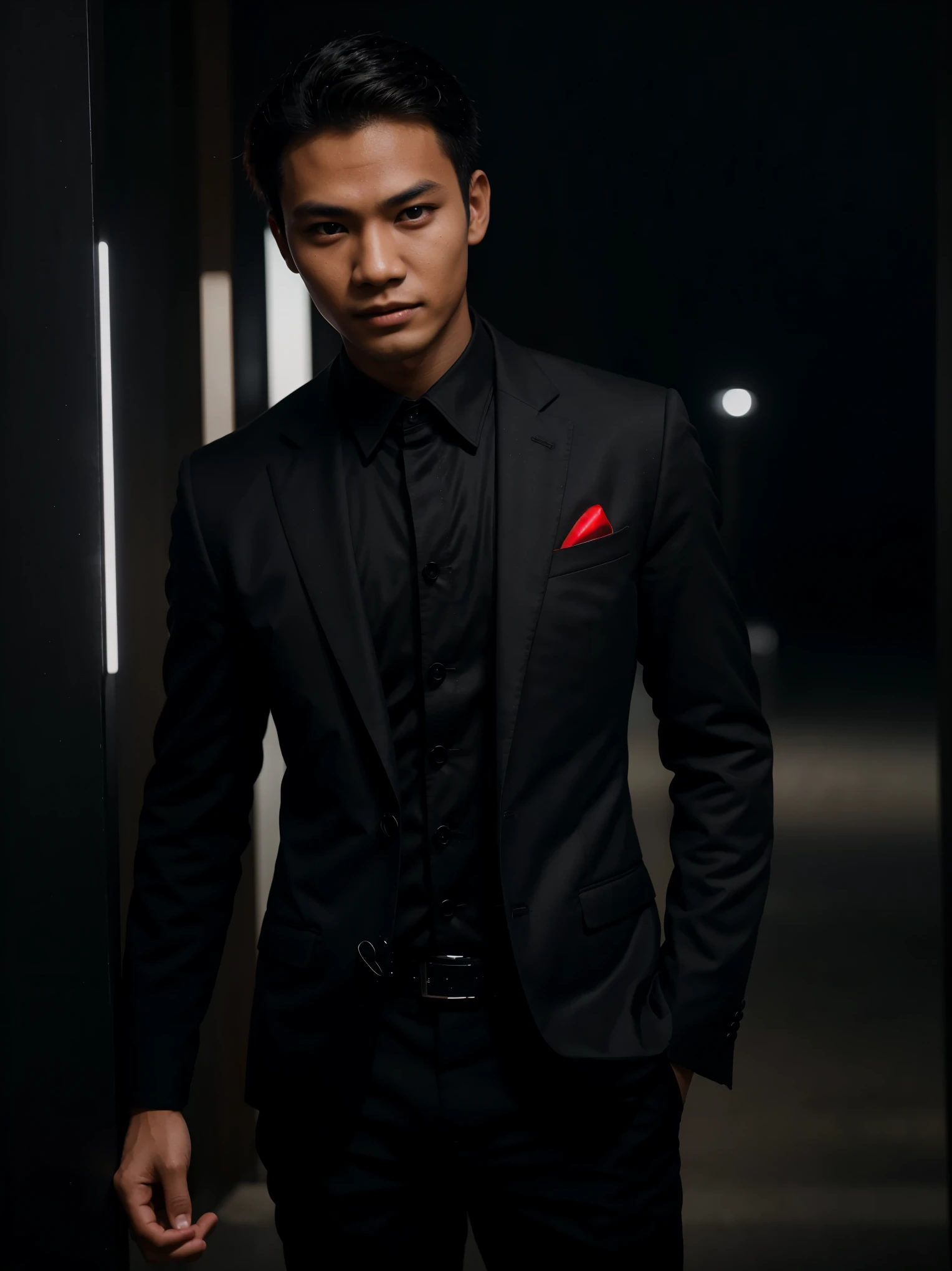 young man from Indonesia in a black suit looking forward. the red eyes glow like a vampire. photography, ultra HD, 8K resolution. super detailed