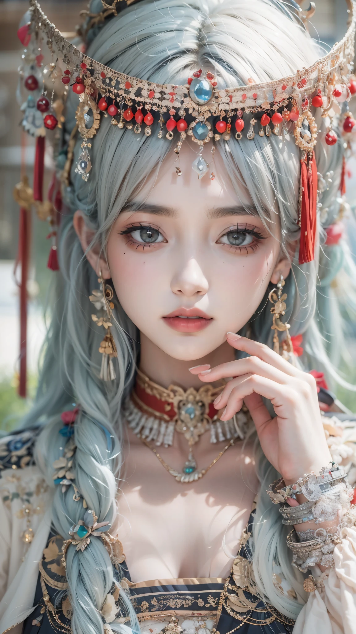 (good structure),high dynamic range,ultra high definition,8k,1 girl,Chinese Yi costumes,silver metal headpiece, brown eyes, earrings, have, jewelry,Yi ethnic metal jewelry,A huge metal have,Headwear metal tassels,Silver metal have, lace, lace trim, lips, long hair, looking at the audience, parted lips, alone, Upper body