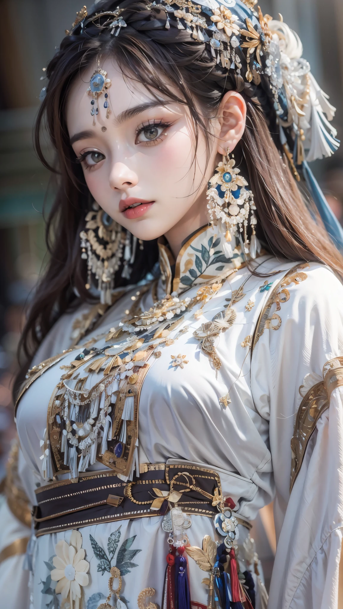 (good structure),high dynamic range,ultra high definition,8k,1 girl,Chinese Yi costumes,silver metal headpiece, brown eyes, earrings, have, jewelry,Yi ethnic metal jewelry,A huge metal have,Headwear metal tassels,Silver metal have, lace, lace trim, lips, long hair, looking at the audience, parted lips, alone, Upper body