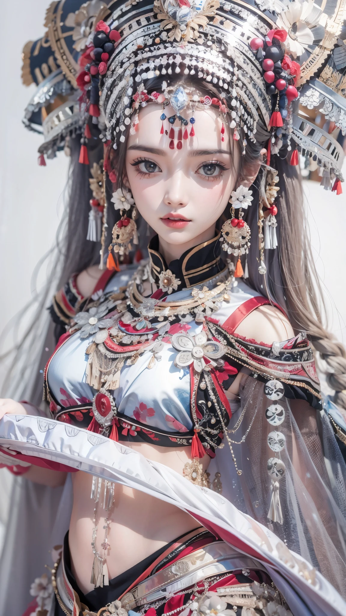 (good structure),high dynamic range,ultra high definition,8k,1 girl,Chinese Yi costumes,silver metal headpiece, brown eyes, earrings, have, jewelry,Yi ethnic metal jewelry,A huge metal have,Headwear metal tassels,Silver metal have, lace, lace trim, lips, long hair, looking at the audience, parted lips, alone, Upper body