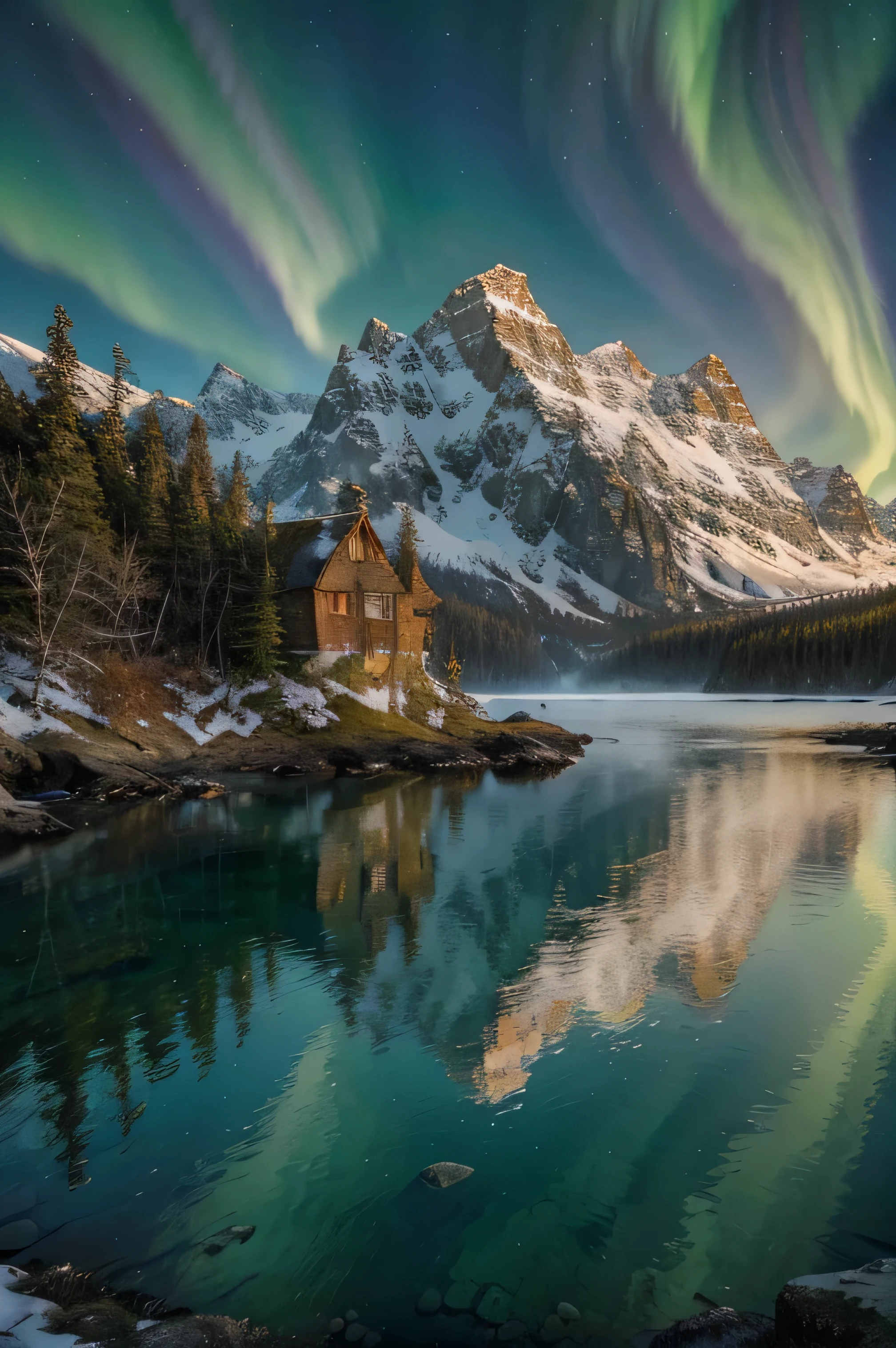 best quality, highres, ultra-detailed, realistic, HDR, vibrant colors, breathtaking view, rocky cliffs, dense forests, crystal clear lakes, snowy peaks, secluded beaches, dramatic coastline, serene atmosphere, Northern Lights, abundant wildlife, untouched wilderness, remote and peaceful, mystic fog, tranquil reflection, picturesque scenery