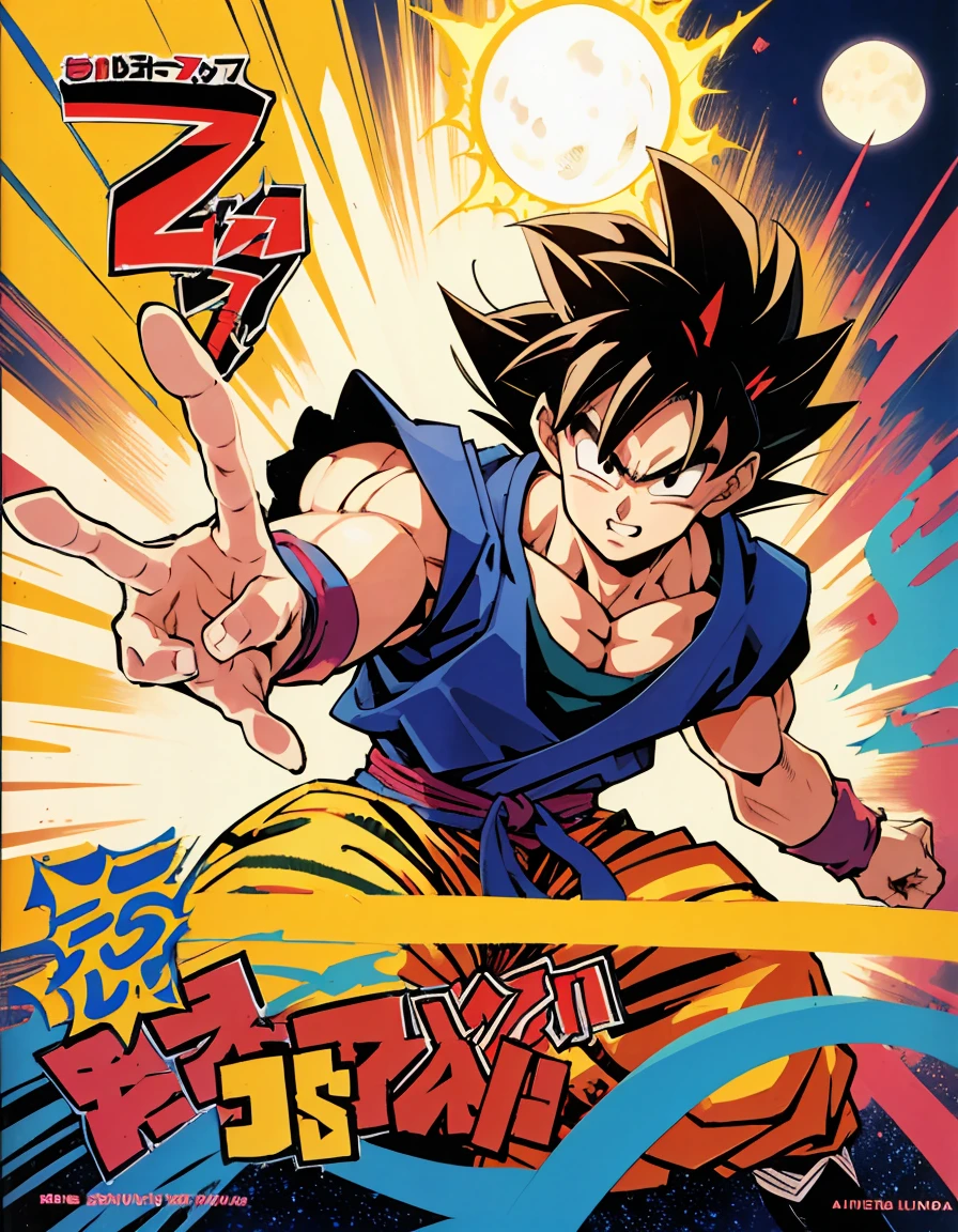 dragon ball anime illustration、Sun Wukong、Cover picture、akira toriyama style、The background is、Tenkaichi Ball venue、ultra detailed, ultra high res, 8k, best quality, masterpiece,