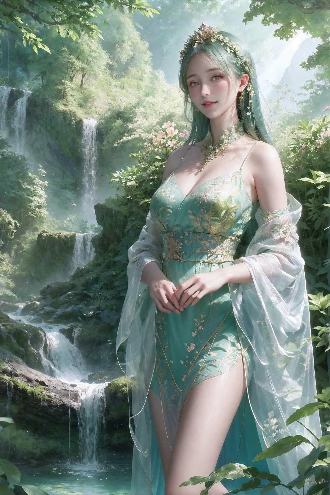 masterpiece, best quality, 8k, high resolution, Super detailed, Waterfalls cascade down high cliffs,Lush greenery all around, Decorated with vibrant flowers, towering pine trees, and delicate bamboo forest,no humans, Cherry blossoms, beautiful scenery, Super detailed, fine detail, Very detailed, complex, Very detailed, Super detailed, landscape,no humans, Lush green mountains, meandering river, hazy atmosphere, solitary, complex details, Beautiful features, verdant的树木, blooming flowers, druid circle, soft moss, Deep in the forest, complex leaves and vines, wisps of light, still a pool of water, original, verdant, Waterfalls cascade down high cliffs,Set amidst lush greenery,landscape如画, Decorated with vibrant flowers, towering pine trees, and delicate bamboo forest.