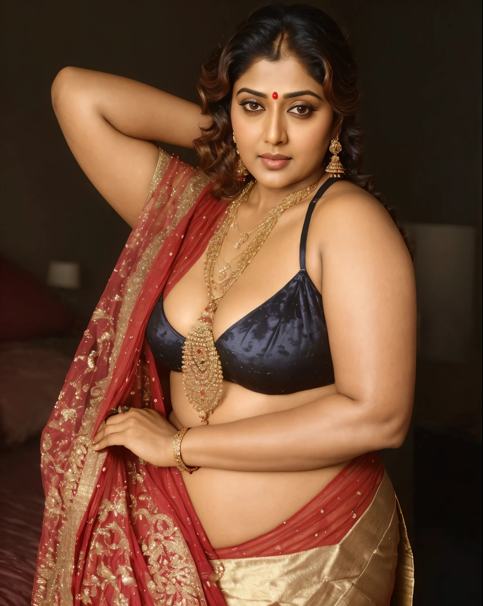 Looks like Indian Actress Nayanthara, actress Nayanthara, mallu, mallu aunty, desi aunty, full figured mature beauty, attractive figure, 48 years old, desi milf, desi aunty, a close up of a woman in a red dress in a bedroom, inspired by Avigdor Arikha, sleek!!!, indian super model, wavy hair combed to one side, actress, by Jitish Kallat, smoldering, intense smoldering, fashion, an angel, print ready, with a dramatic looking, inspired by Sudip Roy, seductive look