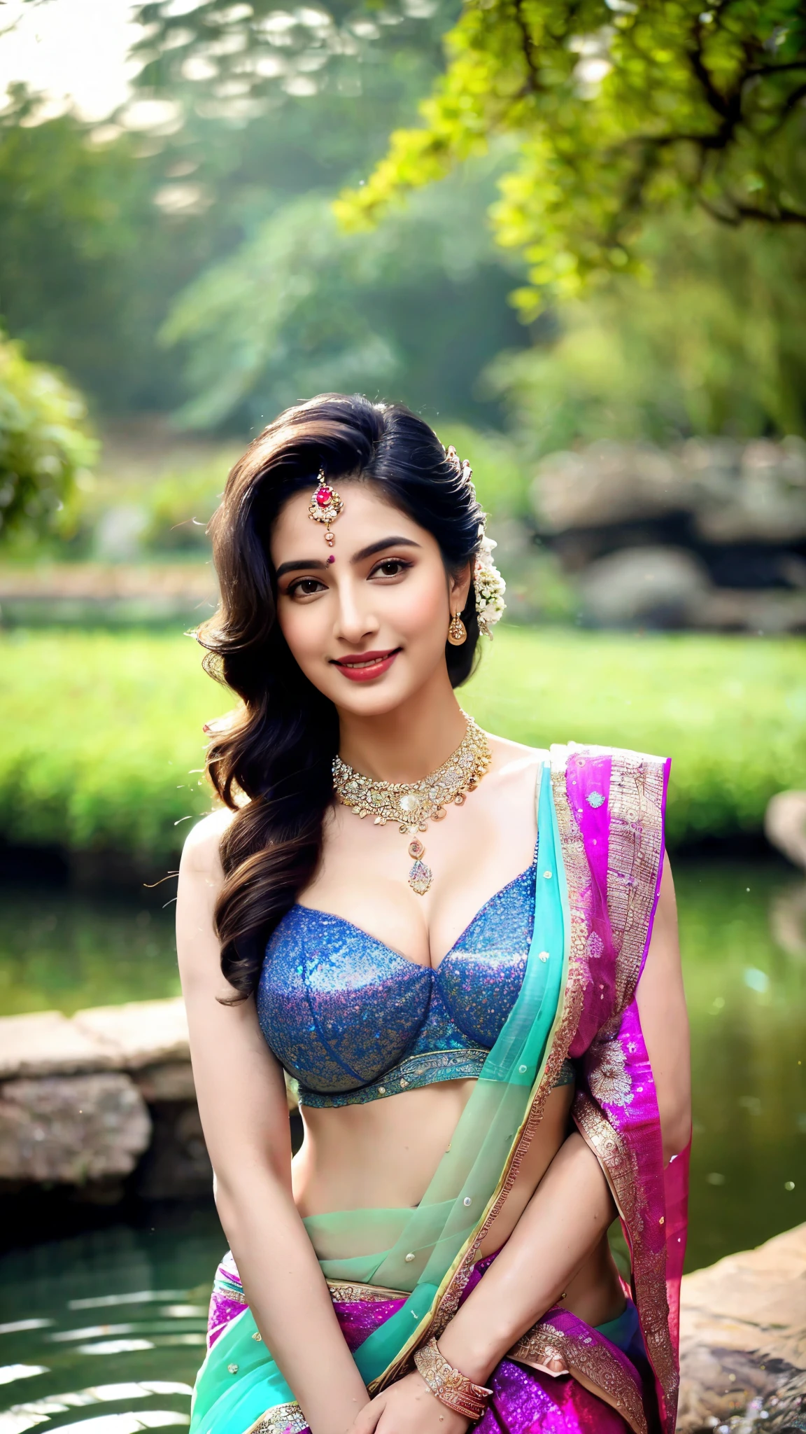 (((Stunningly Beautiful Bollywood supermodel))), elegant blue black updo hair, sweet smile, Beautiful bride posing under a fairy tale arch of exotic magical flowers, looking back,elaborate scene style, crystal glass lattice, glitter, transparent embroidered lace, realistic style, 8k,exposure blend, medium shot, bokeh, (cinematic),  (hyperdetailed:1.2),Realism,1 girl,girl, woman, ((princess pose)) ,very very big breast, soft nylon sexy saree , multicolour ,flower design modern light saree,  colorful, flower armor,  good anatomy,  best quality,  (((masterpiece))),  high quality,  realist,  best detailed,  details,  realist skin,  skin detailed,  underboobs,  beautiful  posing under a fairy tale of exotic magical flowers and meadows background,girl sit in lake,big_ , smile,  flowers put on hand,  wearing bangles wearing adherence, wearing saffron paste on forehead,  , Realism, High detailed ,Sexy Big Breast,girl wearing indian saree, show half nipple, flowers garden , meadows ,princess dress, waterfall 
((Girl immersed in water upto neck)),,undersized clothes,queenofmanedef,sari, face_in_assrecostado,AssRipple,lehenga choli indian saree(dressed in transparent saree)(wearing glitter graphics jewelry)big  ,Sexy Big Breast,nipple,bright light ,long_hair, Bokeh ,nsfw , indian ,tree branch, colourfull ,undersized bra,princess dress,lehenga choli