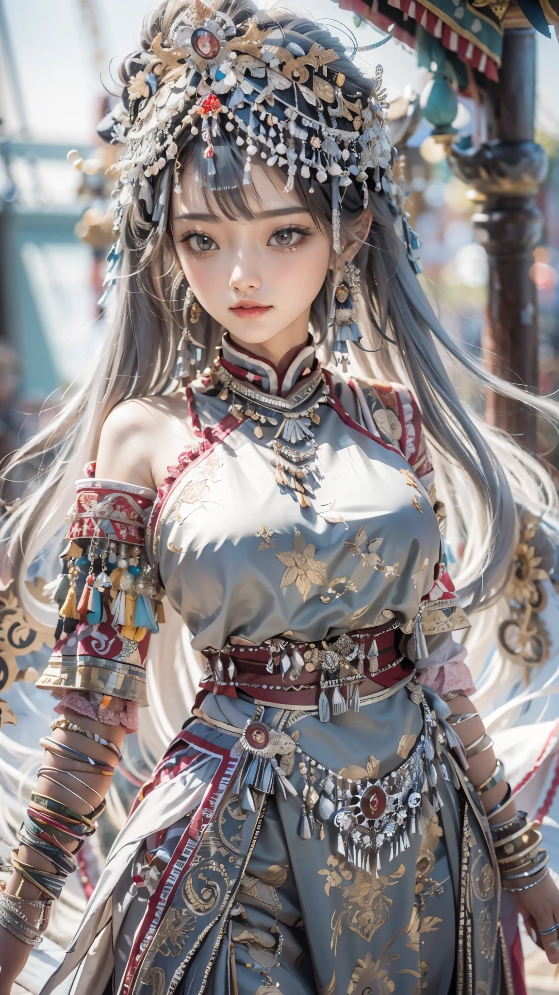 (good structure),high dynamic range,ultra high definition,8k,1 girl,Chinese Yi costumes,silver metal headpiece, brown eyes, earrings, have, jewelry,Yi ethnic metal jewelry,A huge metal have,Headwear metal tassels,Silver metal have, lace, lace trim, lips, long hair, looking at the audience, parted lips, alone, Upper body