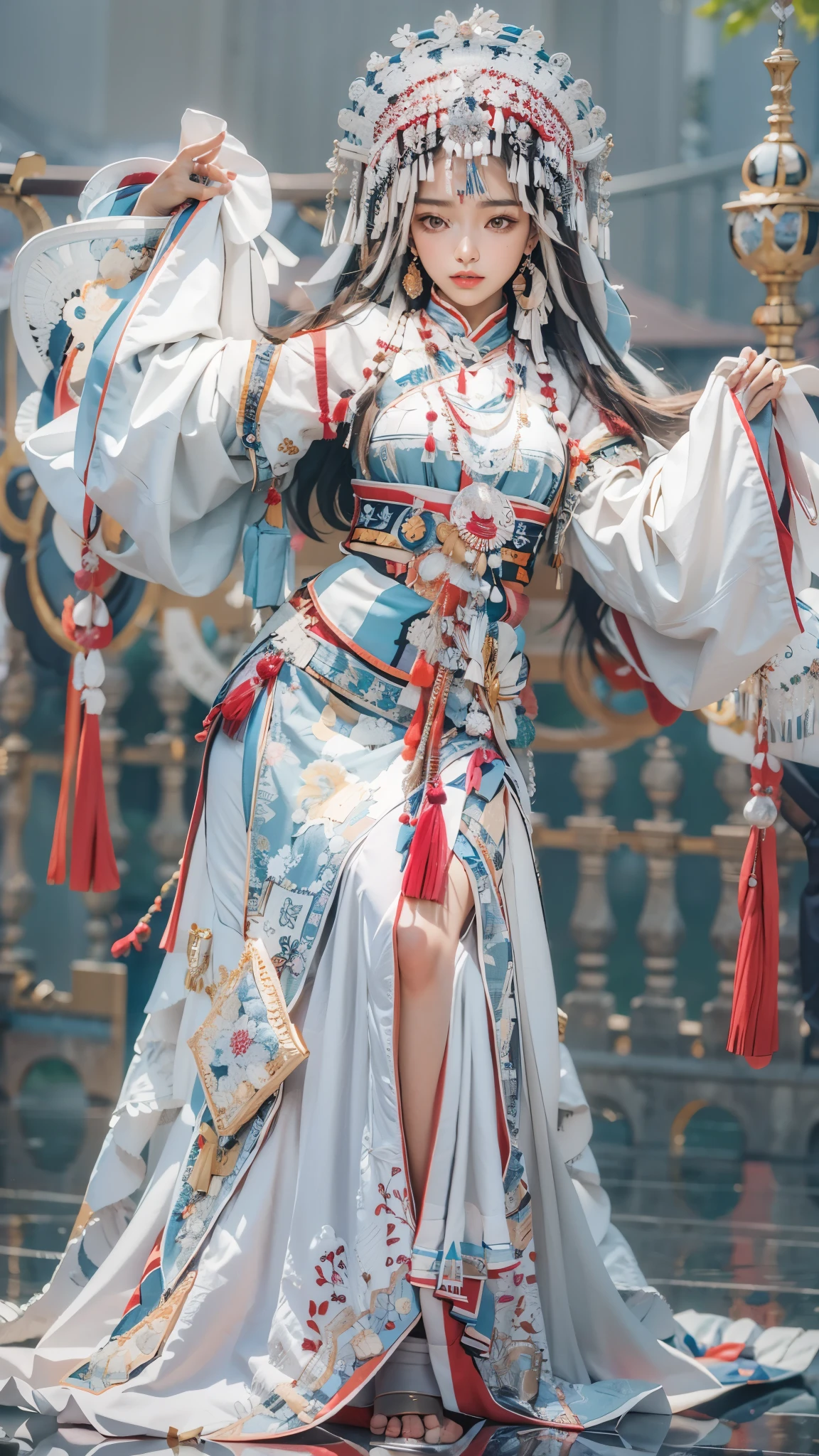 (good structure),high dynamic range,ultra high definition,8k,1 girl,Chinese Yi costumes,silver metal headpiece, brown eyes, earrings, have, jewelry,Yi ethnic metal jewelry,A huge metal have,Headwear metal tassels,Silver metal have, lace, lace trim, lips, long hair, looking at the audience, parted lips, alone, Upper body