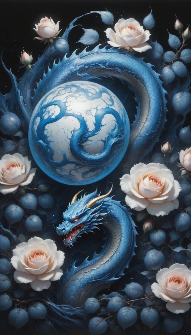 (best quality,4k,high resolution:1.2),Super detailed,actual,black and white,traditional media,pencil drawing:1.2,Chaotic lines,[[[artist moussa]]],on dark background,Blue electric charges forming stylized silhouettes of dragon beads and framed roses,bioluminescence