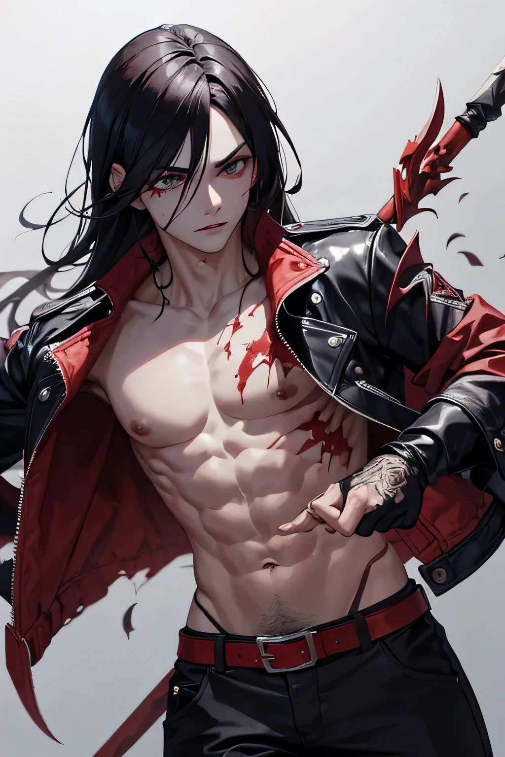 um vampiro em forma humana de cabelo branco e olhos vermelhos segurando uma espada de cabo vermelho e lamina branca, vestindo roupas rasgadas de uma briga, including pants and a jacket