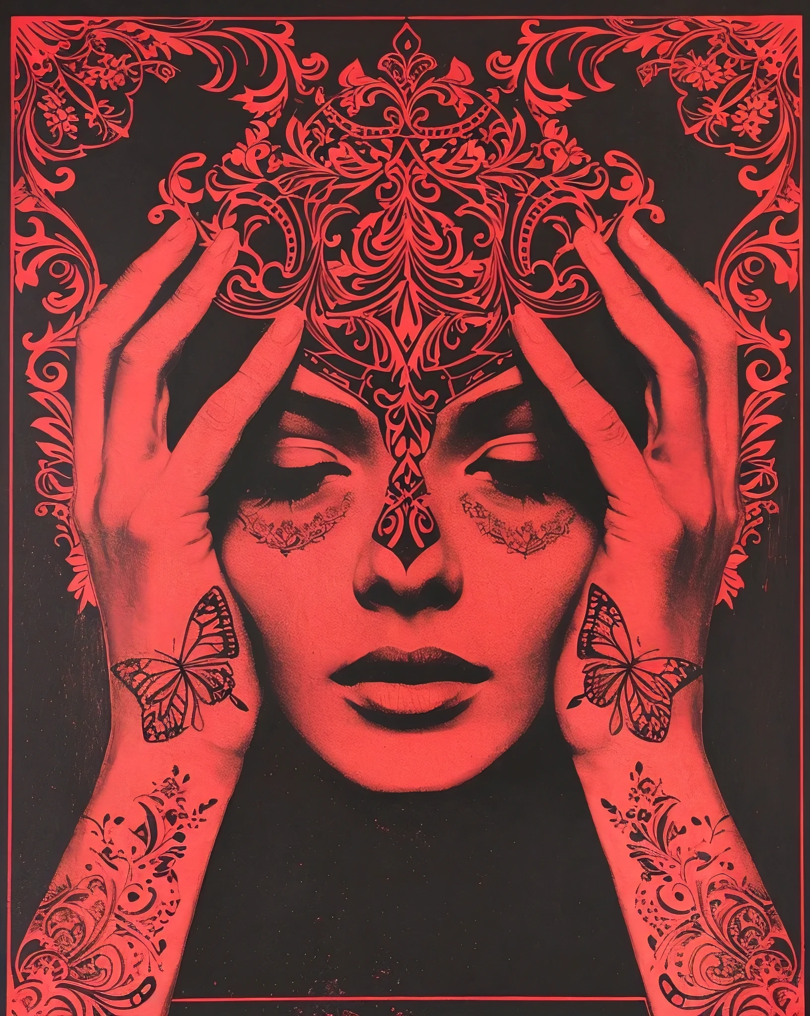 (best quality, masterpiece:1.2), A bold monochrome ruby red screen print of a female face, hands framing the forehead, interlaced with mirrored baroque florals and tattoo-like filigree details. No other color present, sharp outlines, symmetrical composition. Created Using: monochrome palette, graphic design precision, single color screenprinting technique, ornate patterns, symmetrical balance, high contrast, stylized butterfly motifs, hd quality