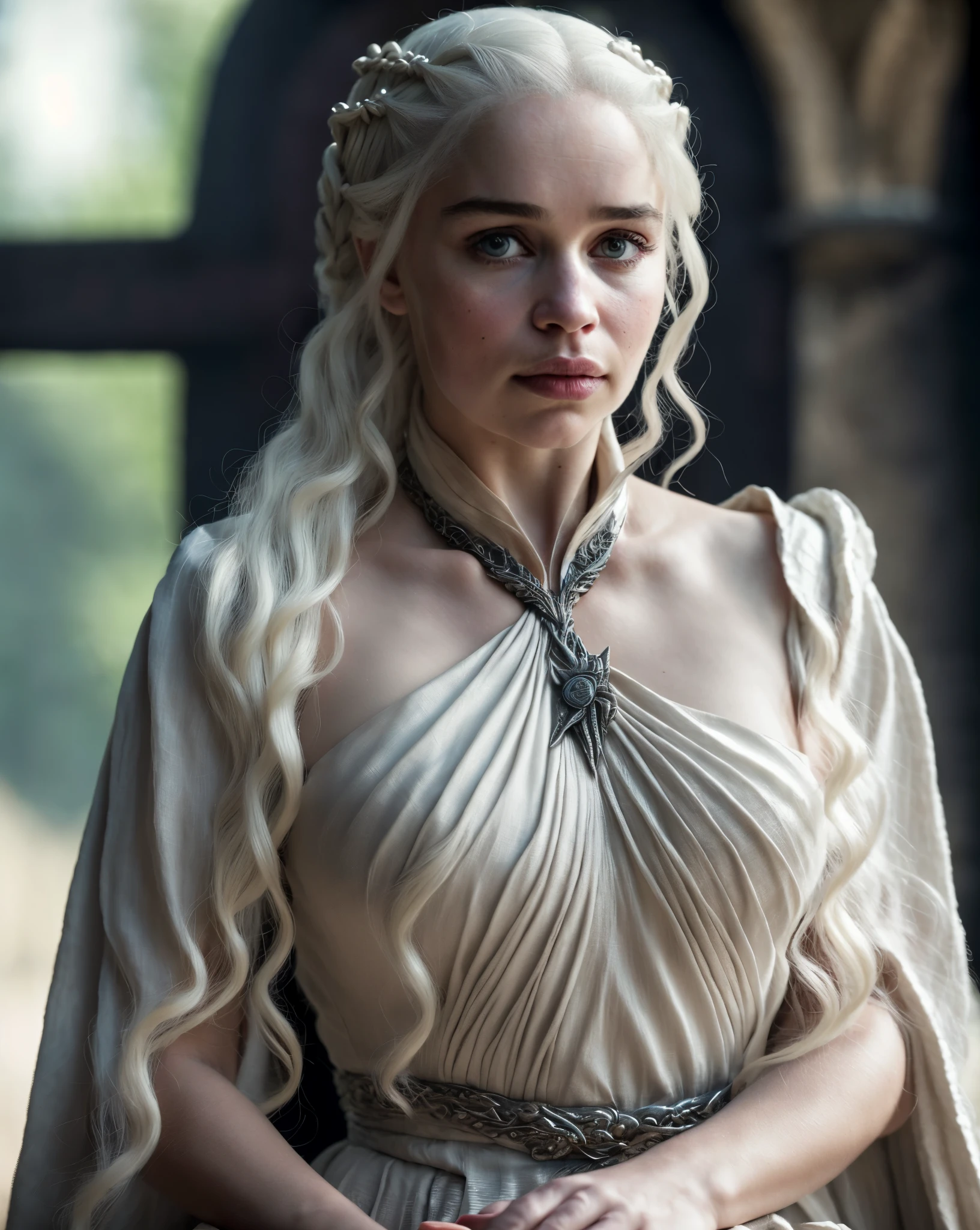 Solo woman, Linen cloth, linen dress, dress inspired by mediaeval period Royal lady, mediaeval maid linen dress, Royal Satin dress, Perfect eyes, flawless Beauty, pierced eyes, Masterpiece, Daenerys Targaryen, Gorgeous woman, queen, Queen Lady, Princess of Dragonstone, beautymarks on breast, The Unburnt, Queen of Meereen, Queen of the Andals, the Rhoynar and the First Men (claimant), Protector of the Seven Kingdoms (claimant), Khaleesi of the Great Grass Sea, Breaker of Shackles, Mother of Dragons, The One Who Was Promised, Lady of Dragonstone , 45 years Old, she is a Full growned lady now, beautiful mature lady, the queen, milf beauty, mature queen, Best quality, a small, charming Beauty, a captivating woman, fully ripen milf body, lustful queen, alluring appearance, unrivaled beauty, wonderful breasts, large breasts, mediaeval erotic costumes, a Game of Thrones-inspired costume, a close-up of a woman from the middle ages, Daenerys Targaryen, Daenerys, resembles Emilia Clarke, Emilia Clarke, scene from "Game of Throne," deep cleavage, warrior princess, healthy body, perfect thick body, attractive figure, fleshy body, style of "Game of Throne," beautiful lady, beautiful woman, mediaeval clothes, stunning woman, 8K, insane details, dress made of clothes and jewelry, perfect hair, styled hair, high clarity eyes, perfect hands, perfect fingers, perfect eyes, single female, 