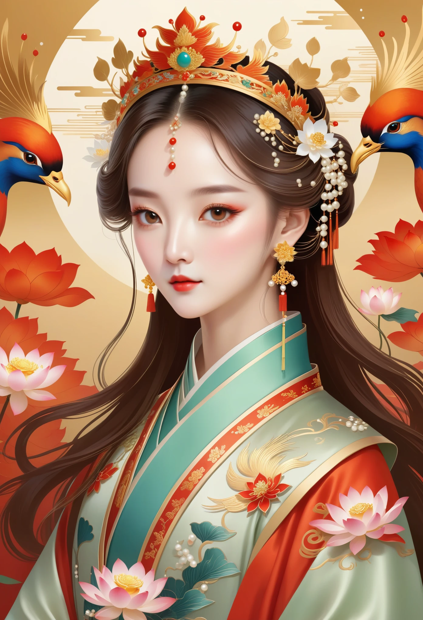flat，Vector，meticulous painting，simple lines，beautiful girl，portrait，phoenix crown，fringed tiara，黄金phoenix crown，pearl头冠，Hanfu，cloud shoulder，pearl， Lotus leaf background
