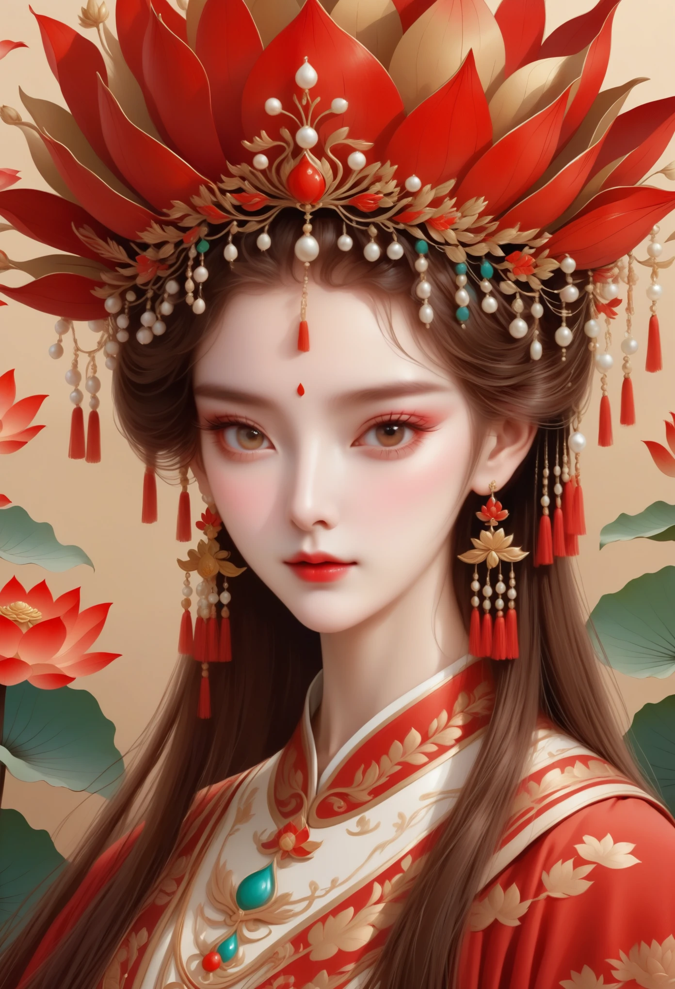 flat，Vector，meticulous painting，simple lines，beautiful girl，portrait，phoenix crown，fringed tiara，Pearl crown，red， Lotus leaf background
