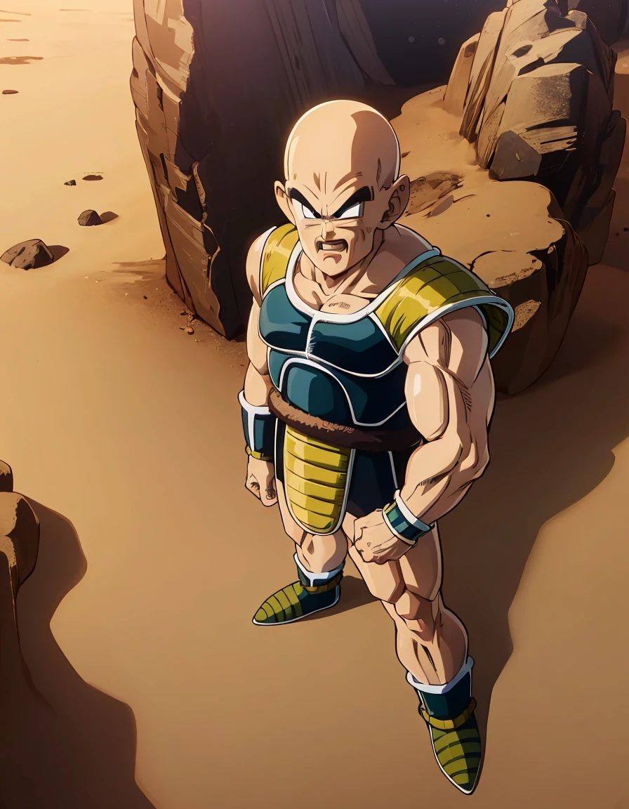 dragon ball anime illustration、Nappa、Nappaの太ももが強調されたイラスト、Cover picture、akira toriyama style、background is desert、ultra detailed, ultra high res, 8k, best quality, masterpiece,